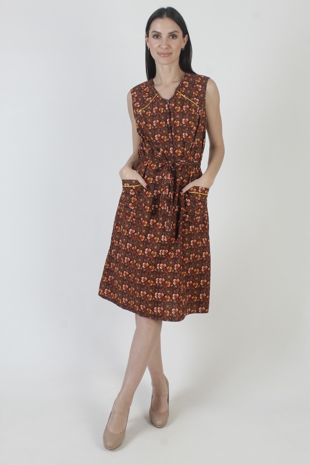 Vtg 70s Brown Calico Sundress Belted Autumnal Prairie Front Zip Pockets Dress