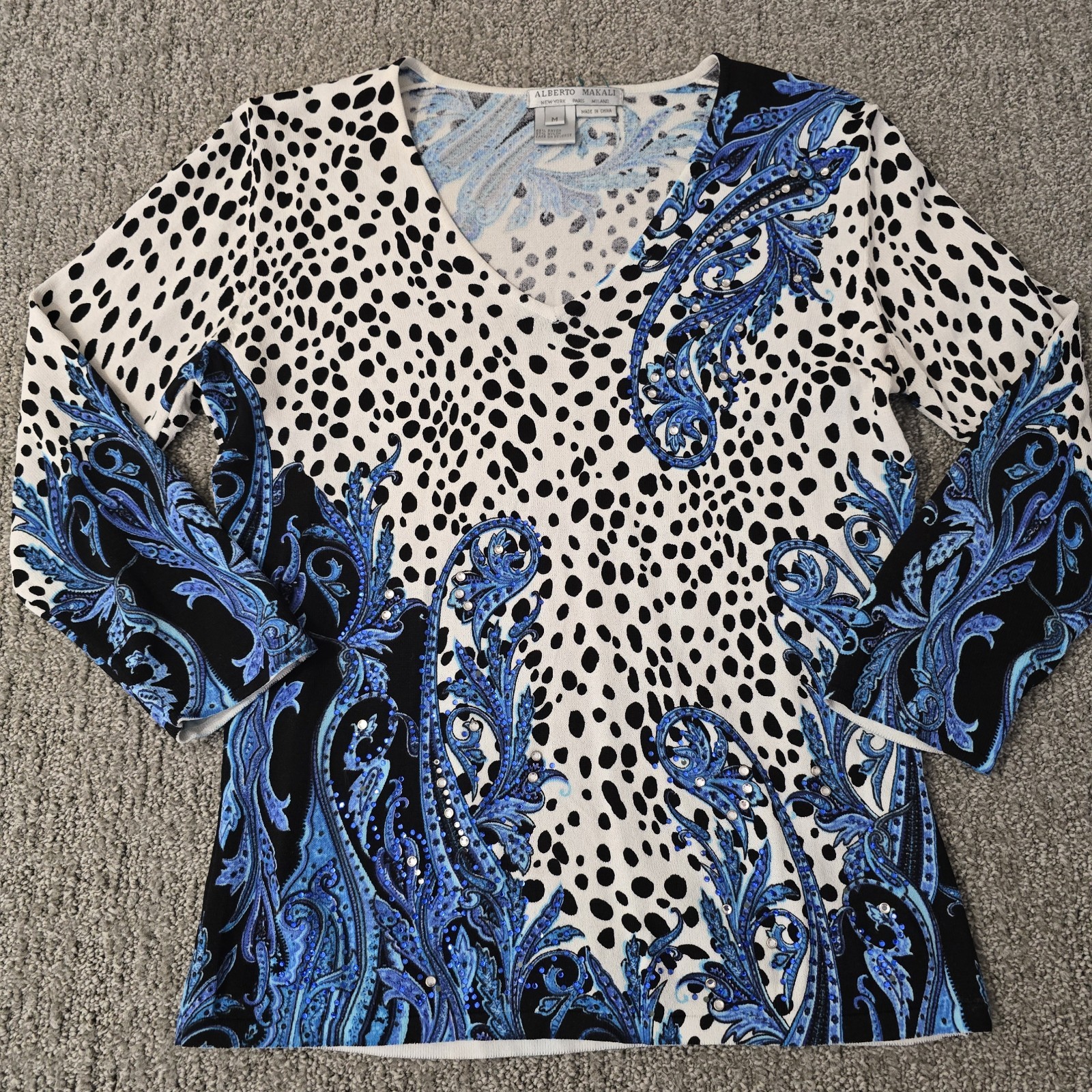 Alberto Makali Embellished Paisley Animal Print Knit Top Blue Black Size M
