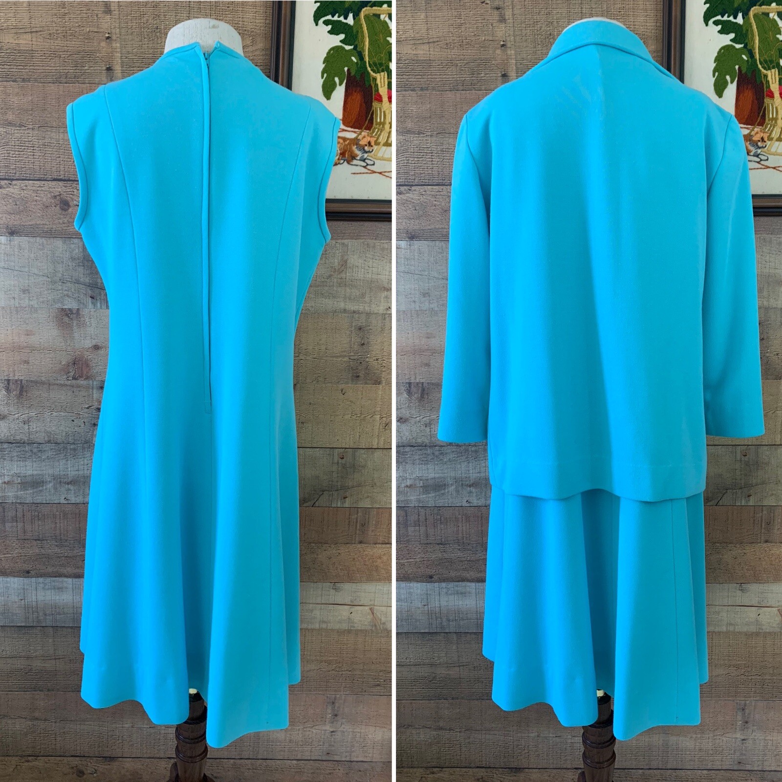 Vintage 1970s Bleeker Street Turquoise Knit Matching Dress Jacket Set Sz Large