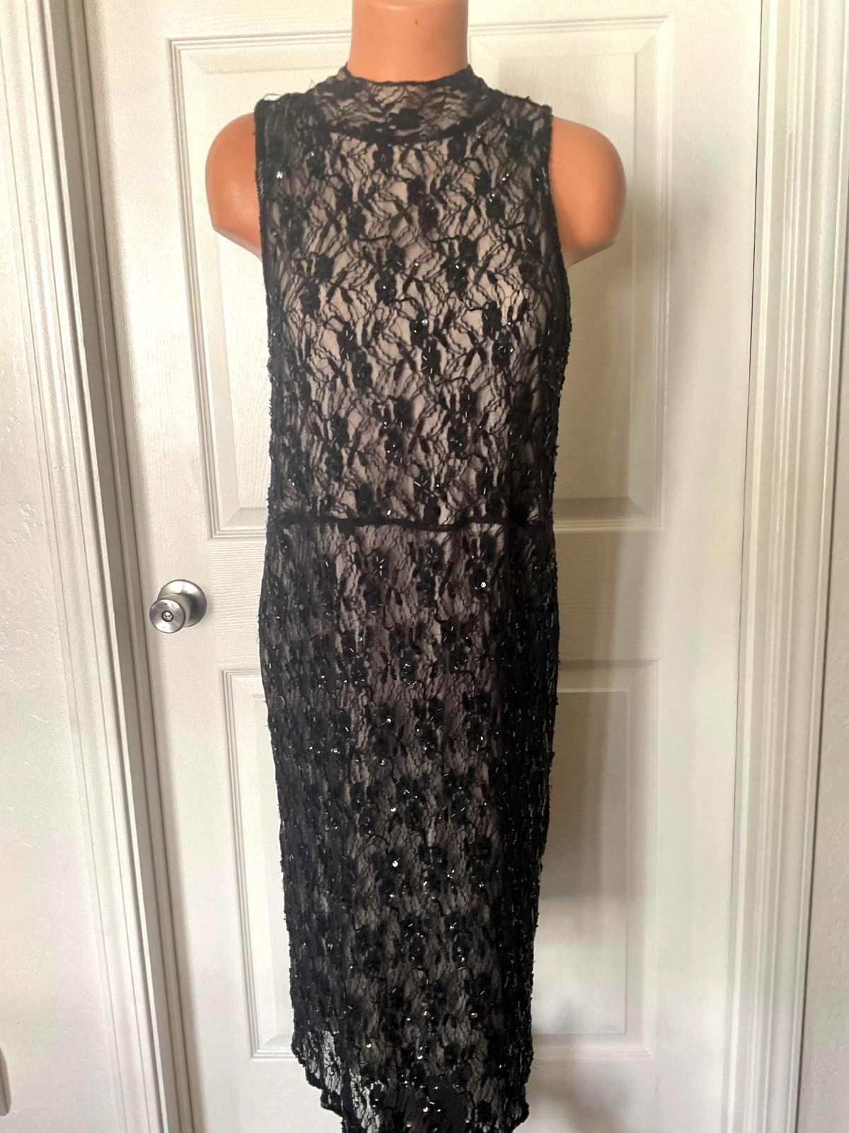 Vtg Nude Illusion Black Sequin Beaded Art Deco Dress Size Large