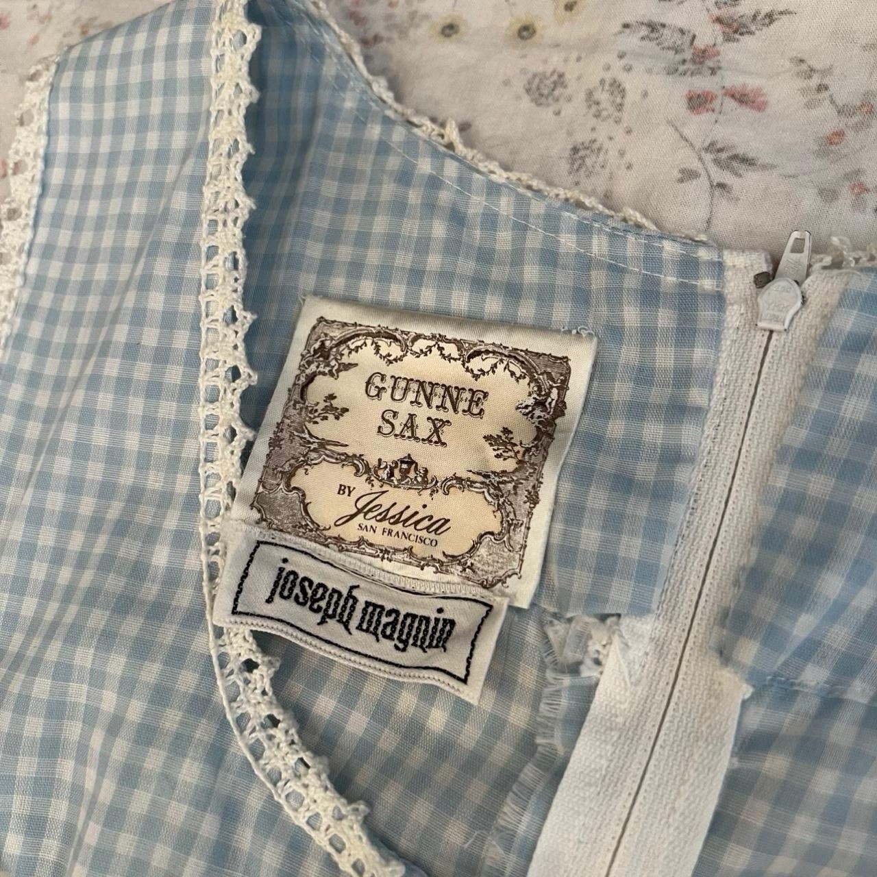 Vintage 70s Gunne Sax Maxi Dress Size 11 Gingham Blue Corset Front Crochet Lace