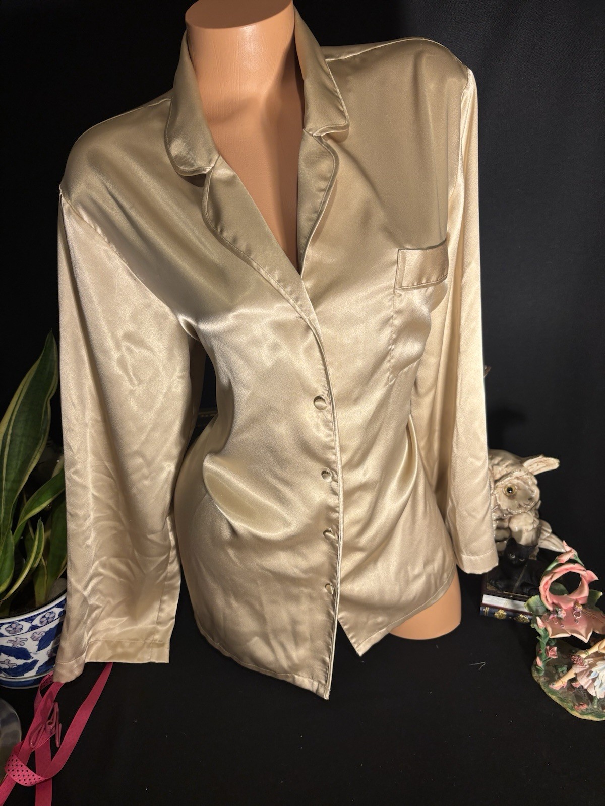 Vtg Satin Soft Gold Nightie button up VS Lounge blouse log