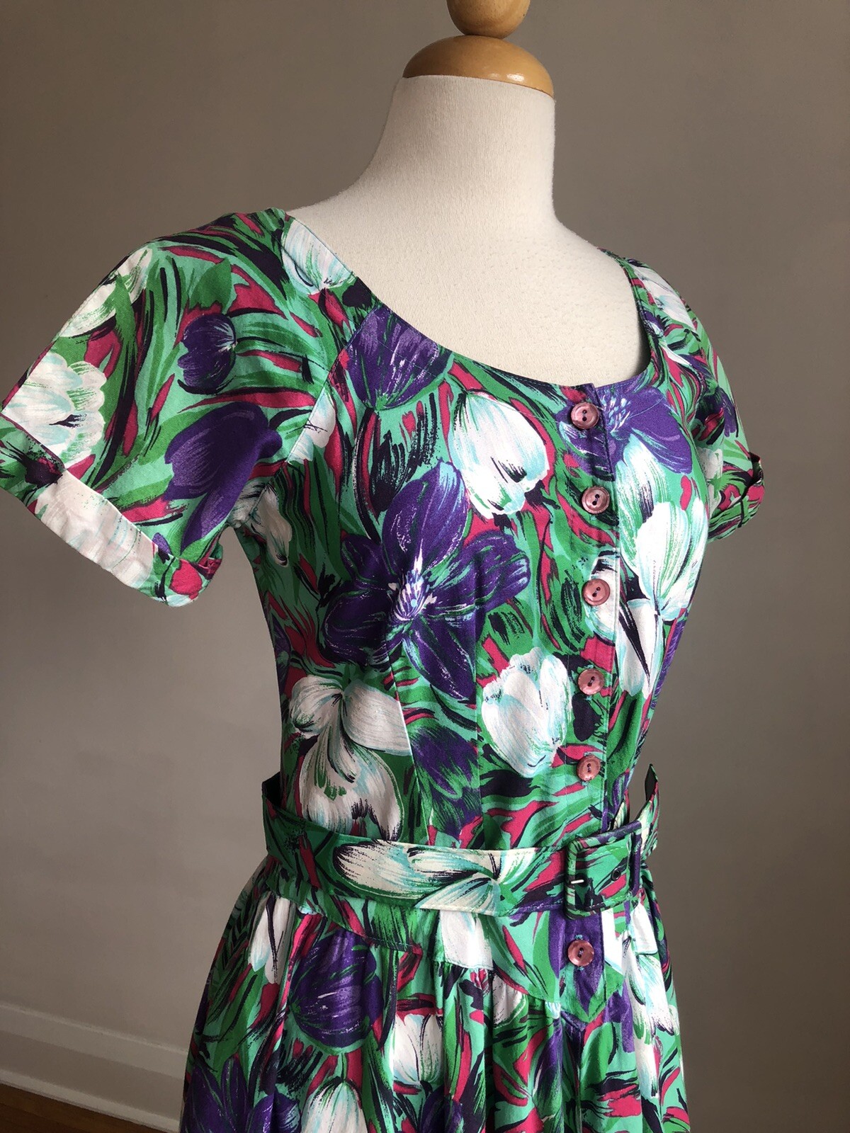 STUNNING VTG S.L. PETITES Floral 100% Cotton Belted Dress SZ XS/S