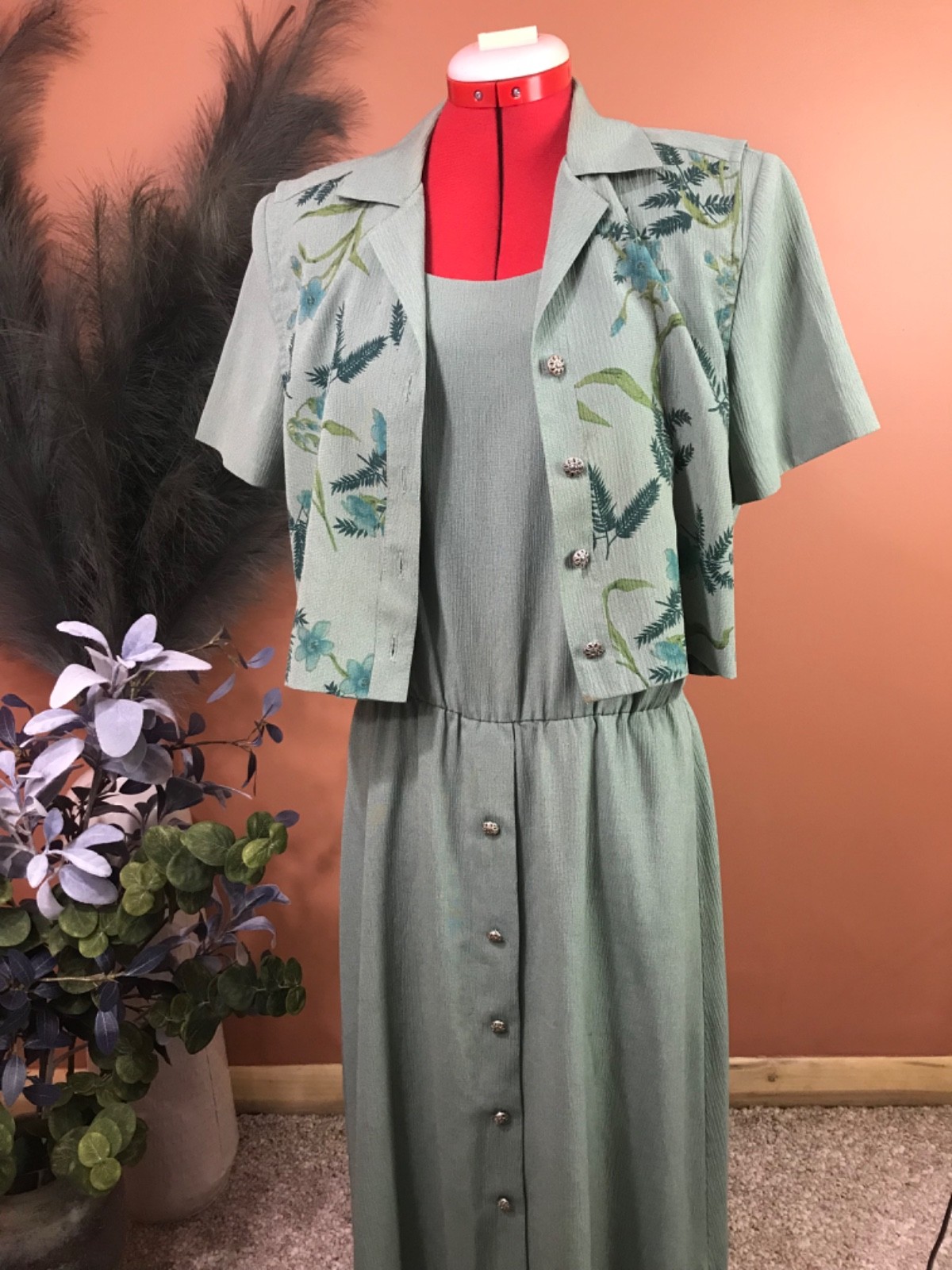 miss dorby green dress floral vest sz 12 cottagecore vntg 90’s homestead
