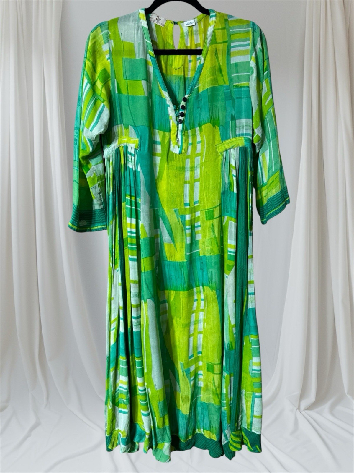 VTG 70s INDIAN Silk Green BOHO Hippie GODDESS MIDI Dress Flaws WOMENS MEDIUM