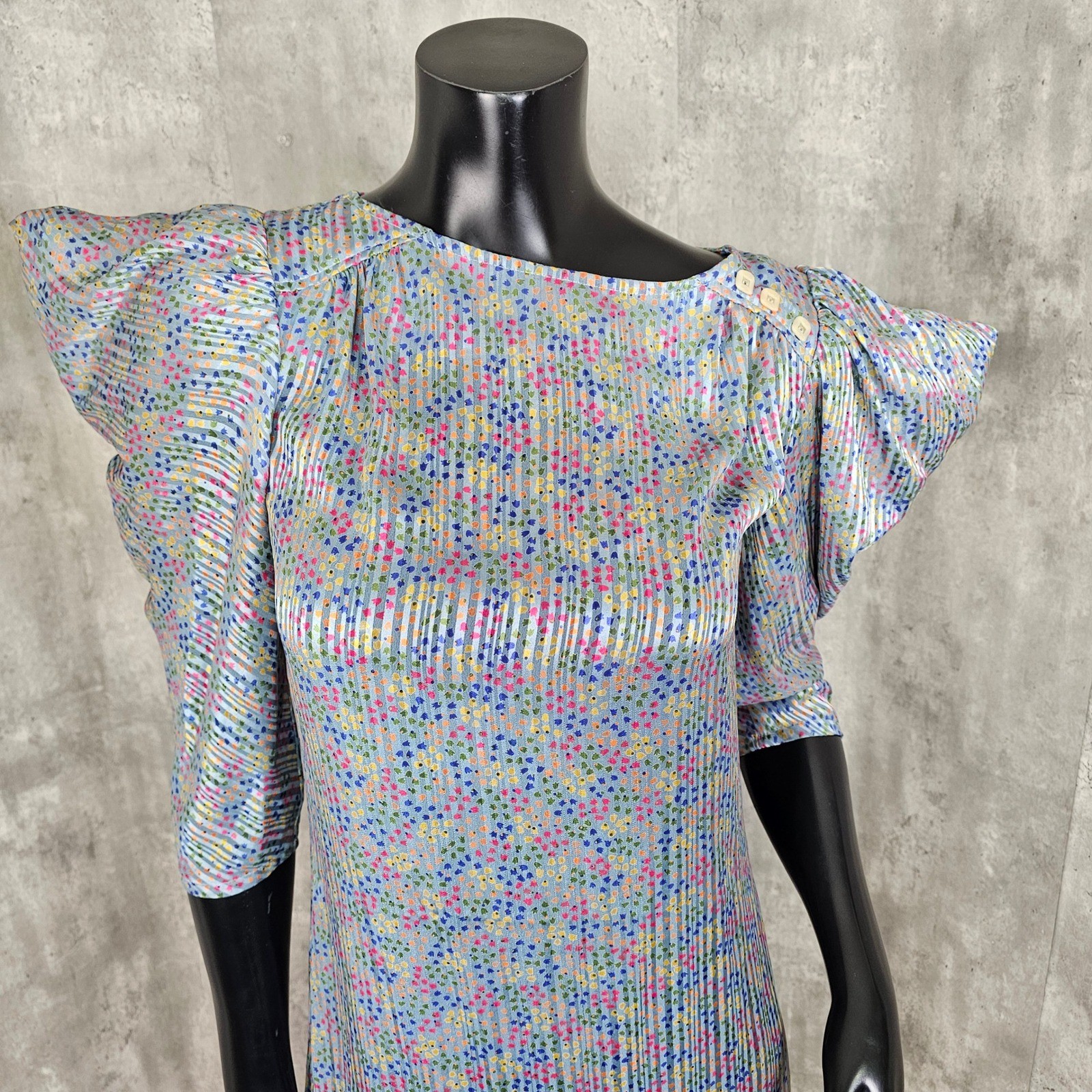 Vintage 80s Ala Carte Pleated Dress Flutter Puff Peek Shoulder Micro Floral
