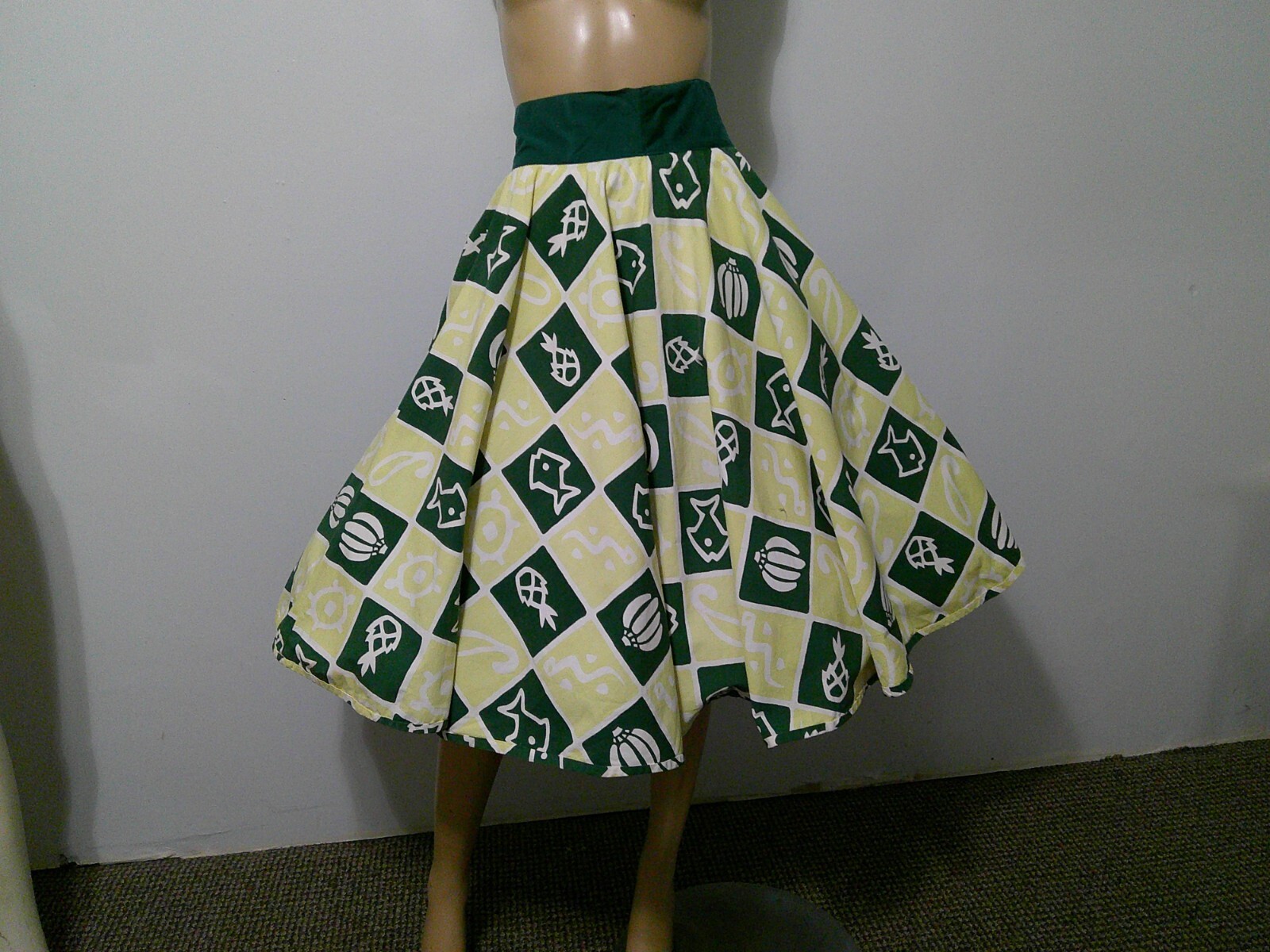 Vtg 50s Comida CARIB Elverhoj Handprint Novelty Cotton Full Circle Skirt Swing S