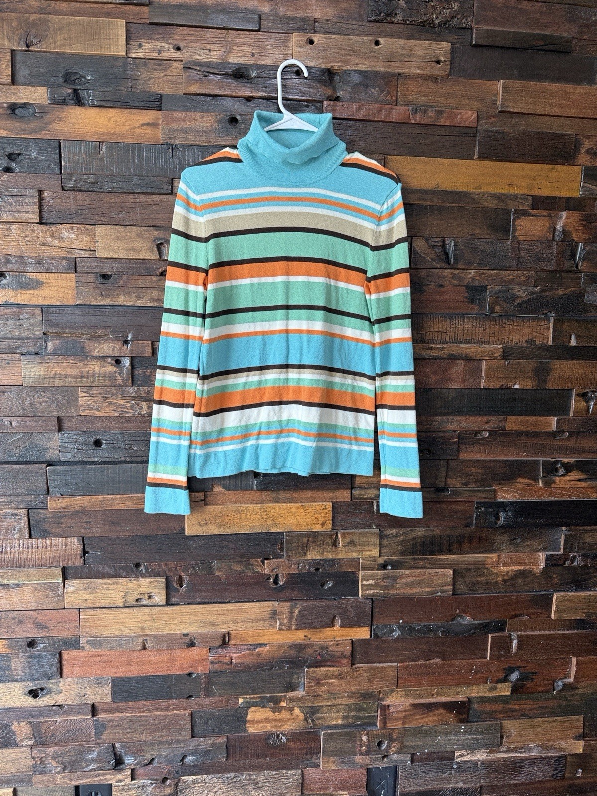Vintage Y2K Striped Turtleneck Top Pastel Blue Green Yellow Zip Back Fitted 90s