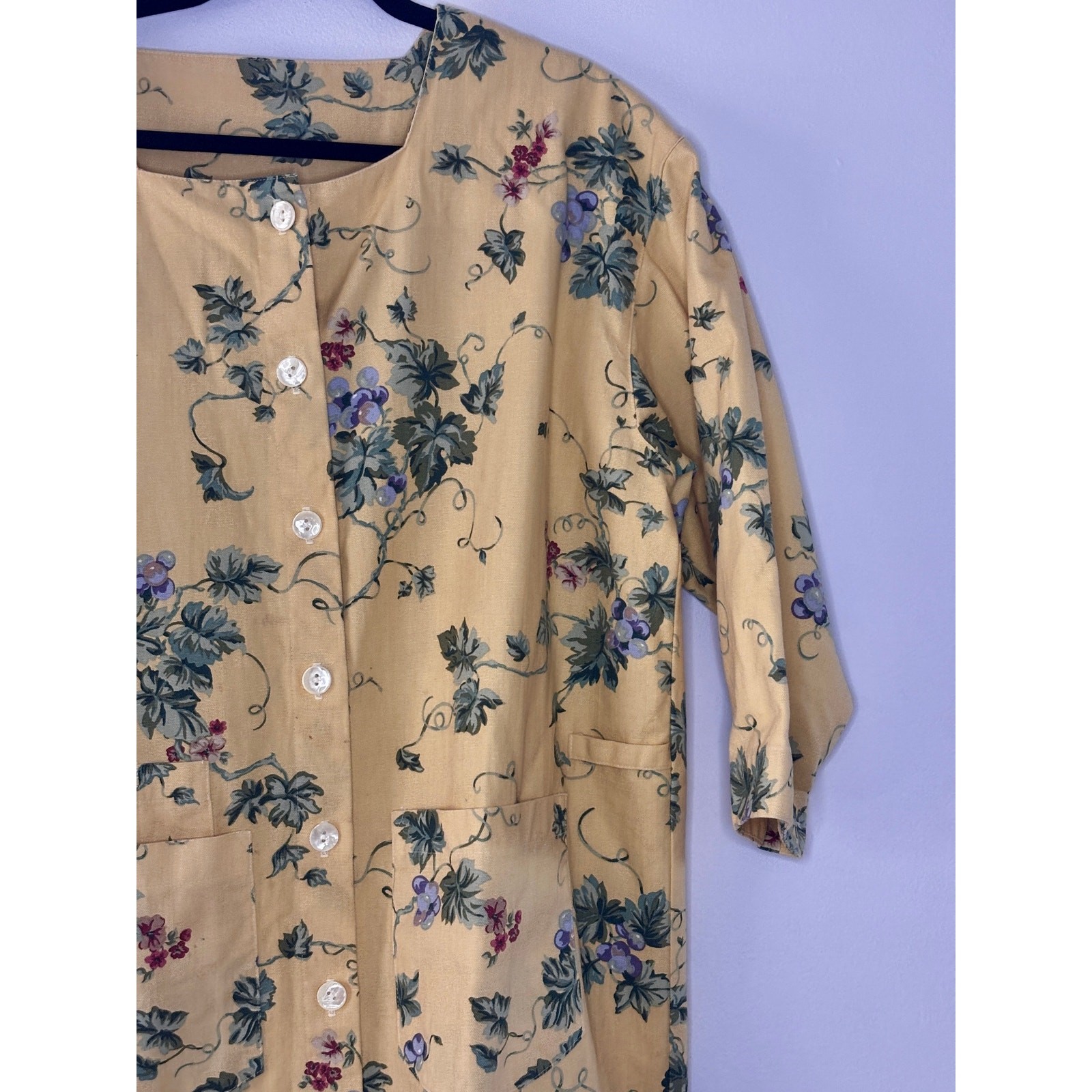 Vintage 1980s Gianna Rose Butter Yellow Floral Tunic Smock Chore Coat Artist S