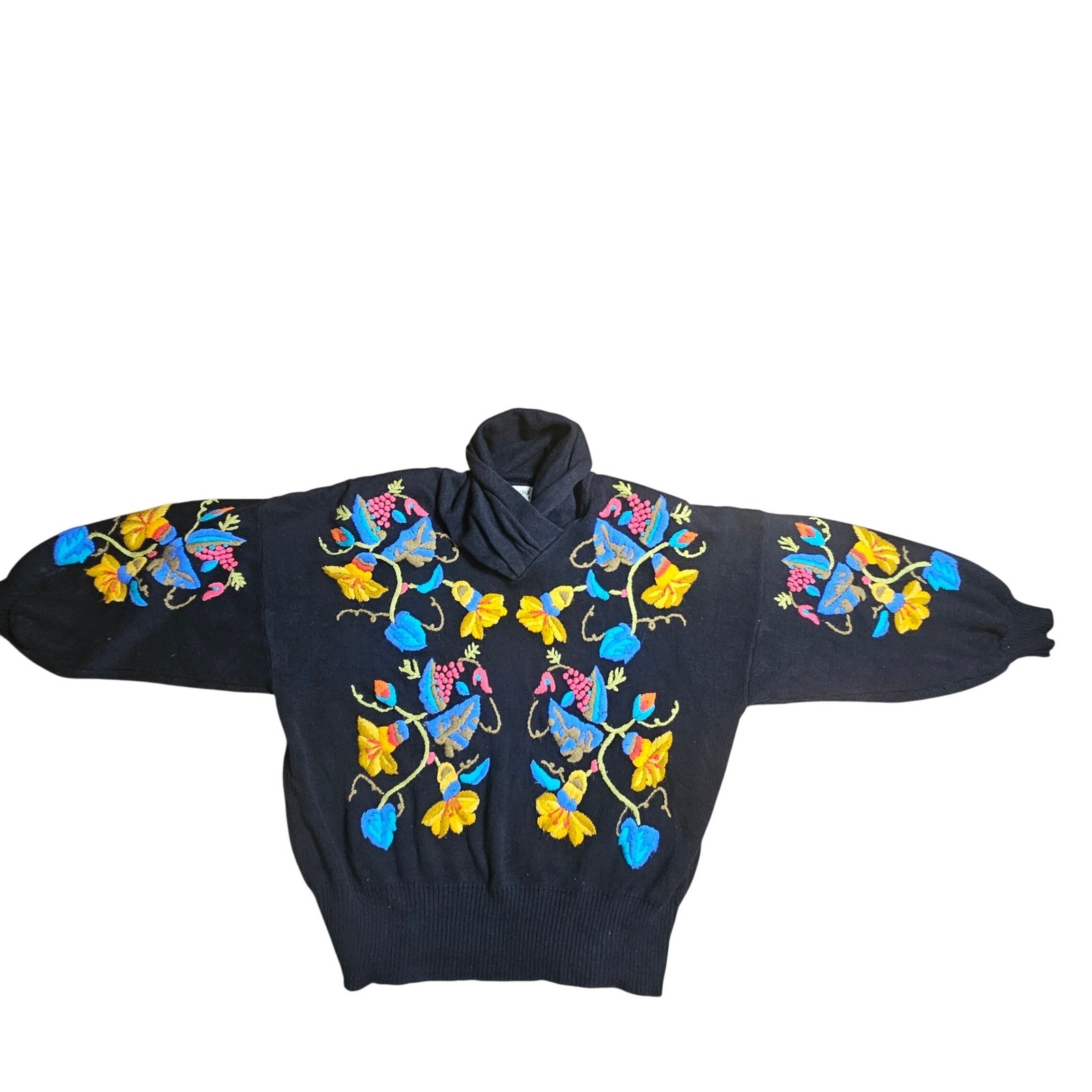 Vintage 80s Bonnie Boerer Floral Embroidered Knit Shawl Neck Sweater L Statement