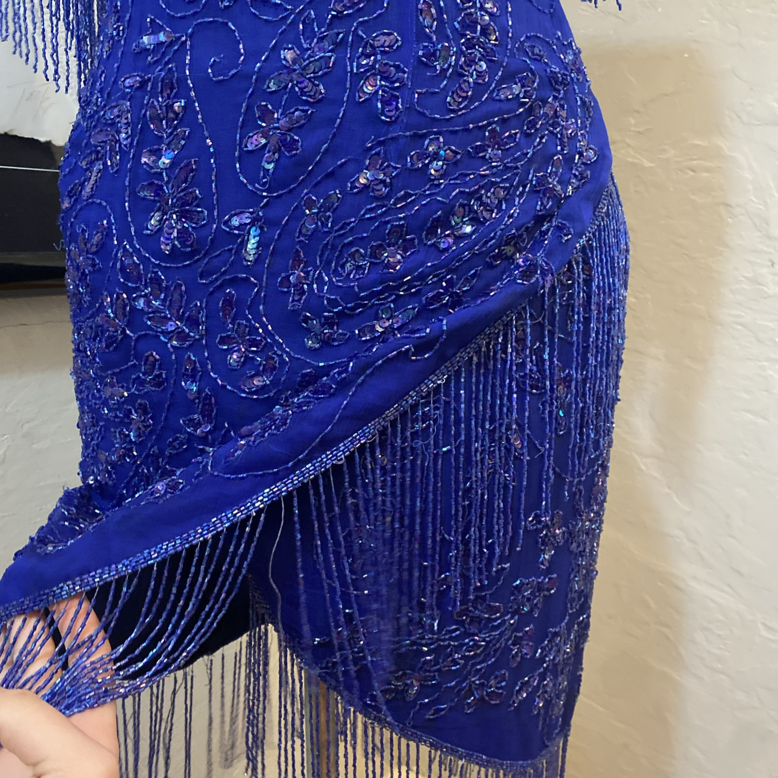Vintage 80s Dark Blue Silk Sequin Beaded Fringe Cocktail Formal Mini Dress Med