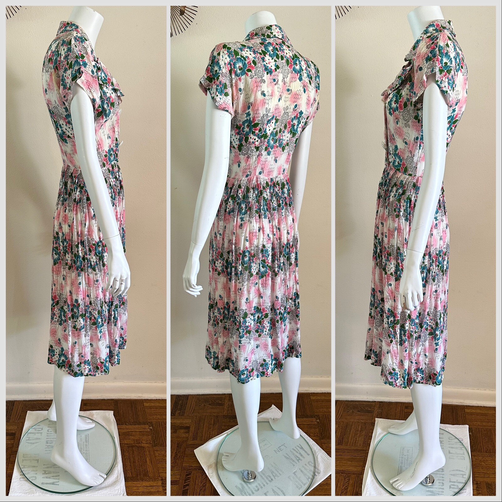 Vintage 1940s Floral Crepe Day Dress Big Collar Novelty Print Pink Blue Small