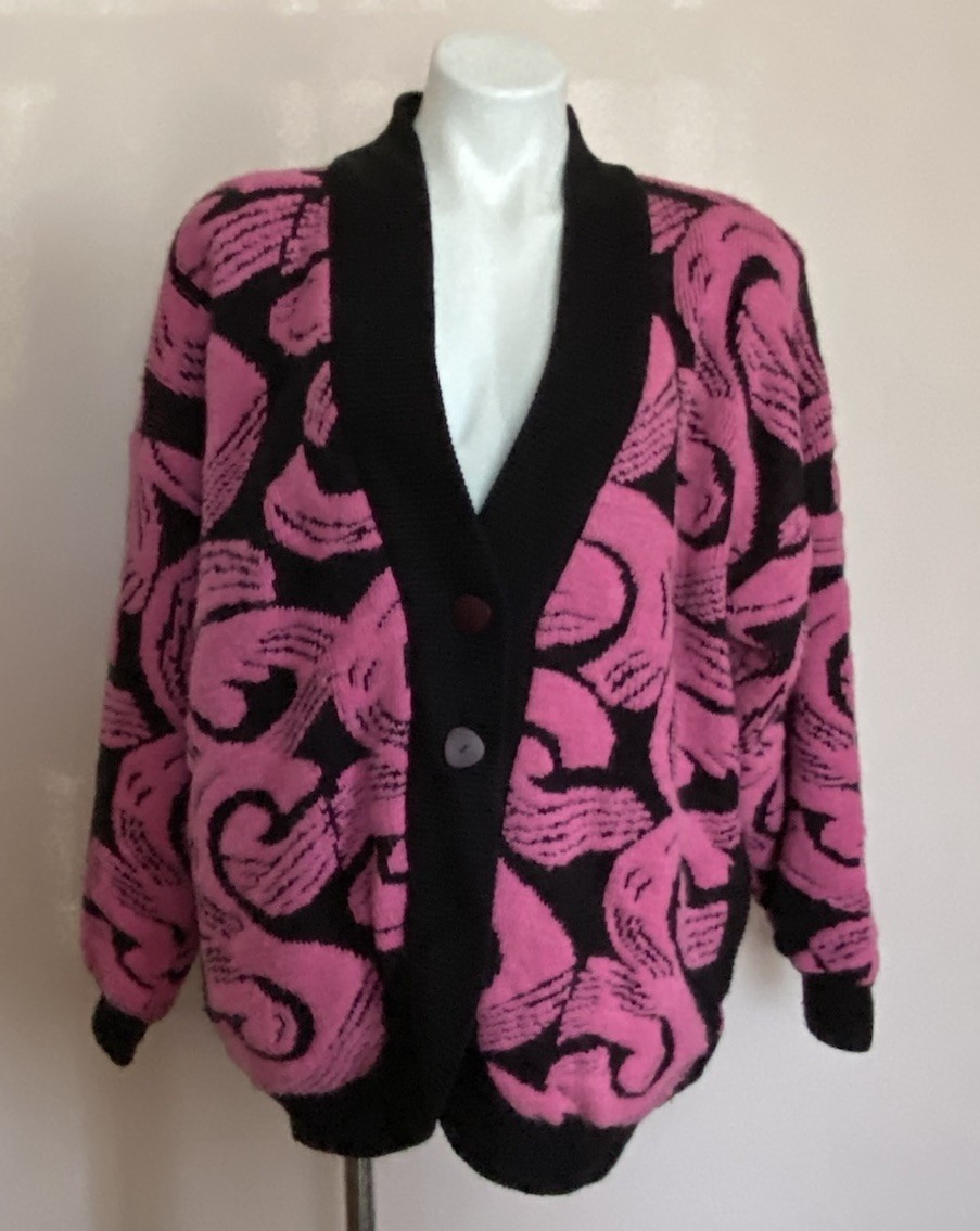 VTG 80’s Premiere Fuzzy Wool Blend Black pink Sweater Coat Jacket Cardigan L/XL
