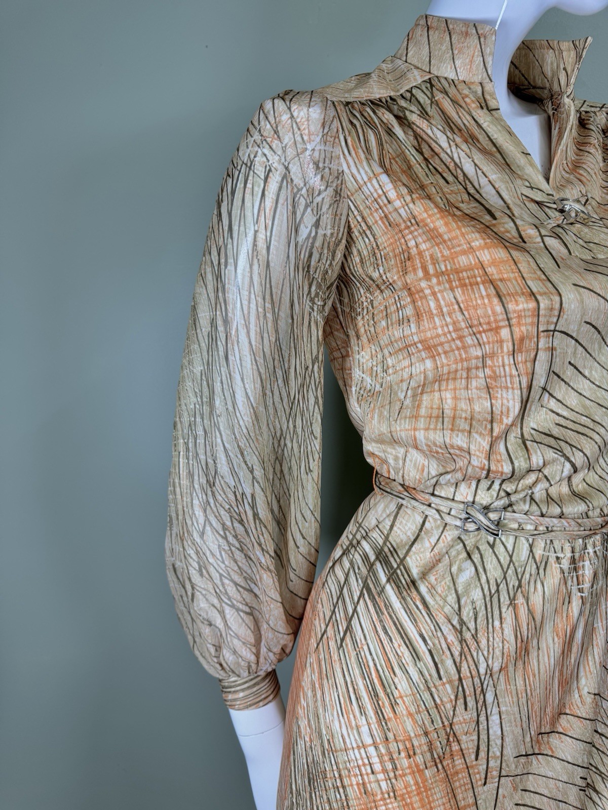 Vintage 1970s Abstract Print Tie Waist Dress | Long Sleeve Earth Tone Midi