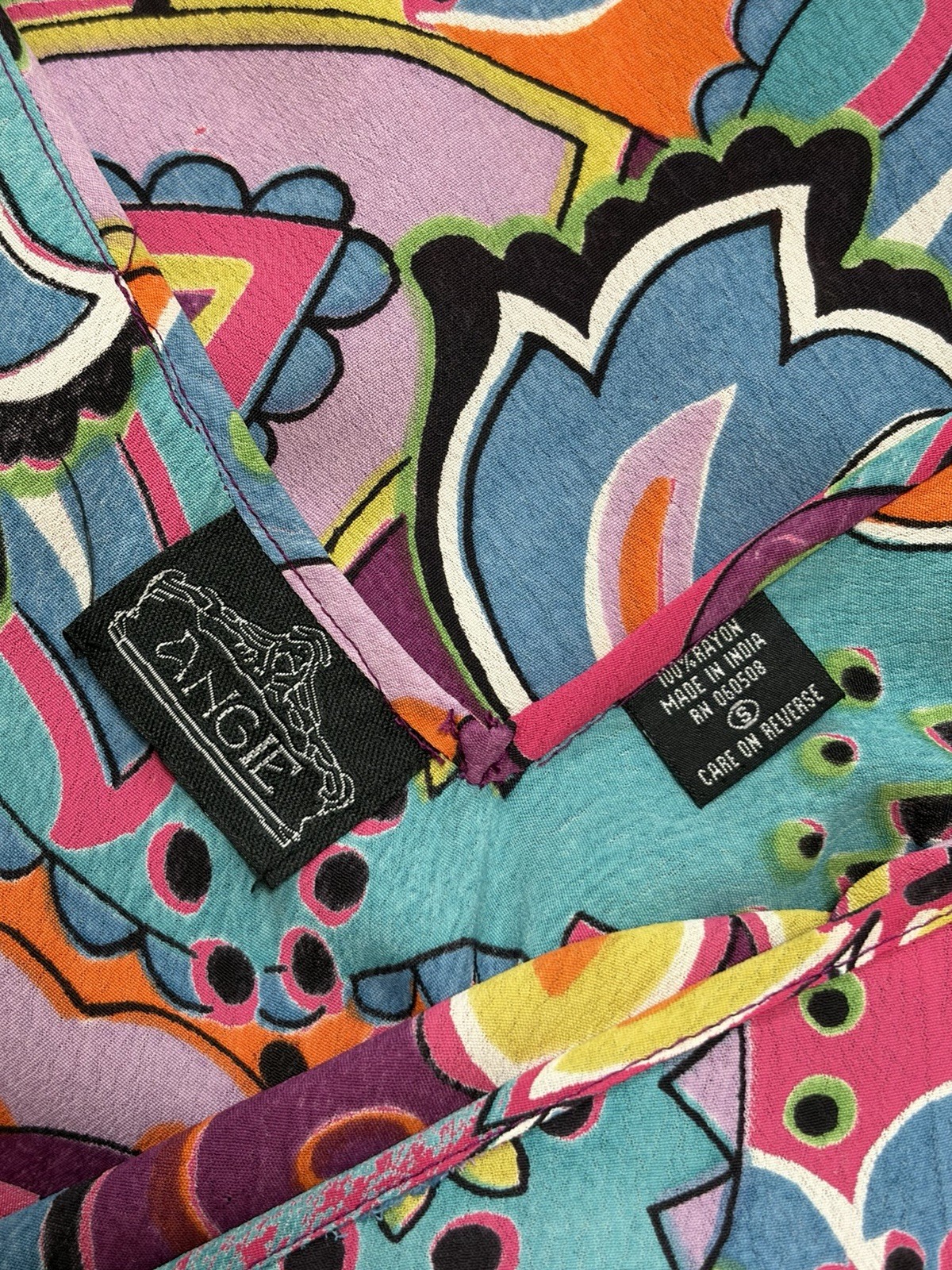 Vintage 90s Angie Psychedelic Bias Cut Rayon Floral fairy India Midi Dress S