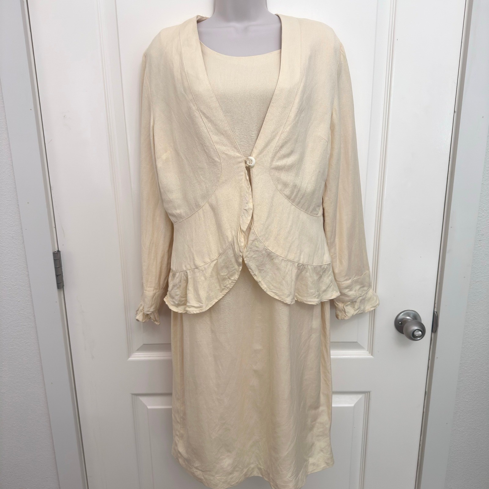 Coldwater Creek Womens 10 Butter Yellow Linen Dress Jacket Suit Ruffle