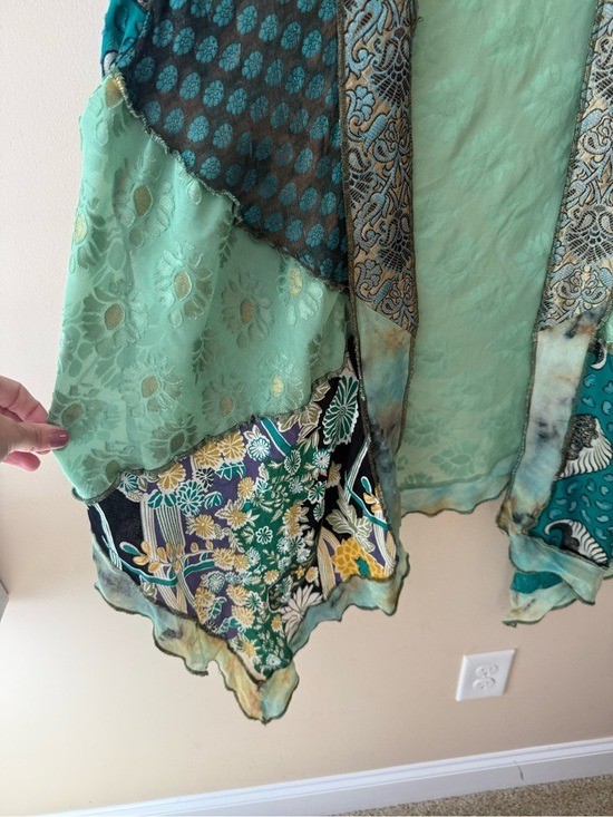 Vintage 90s Sterling Styles Patchwork Kimono Jacket green *flaw* hole