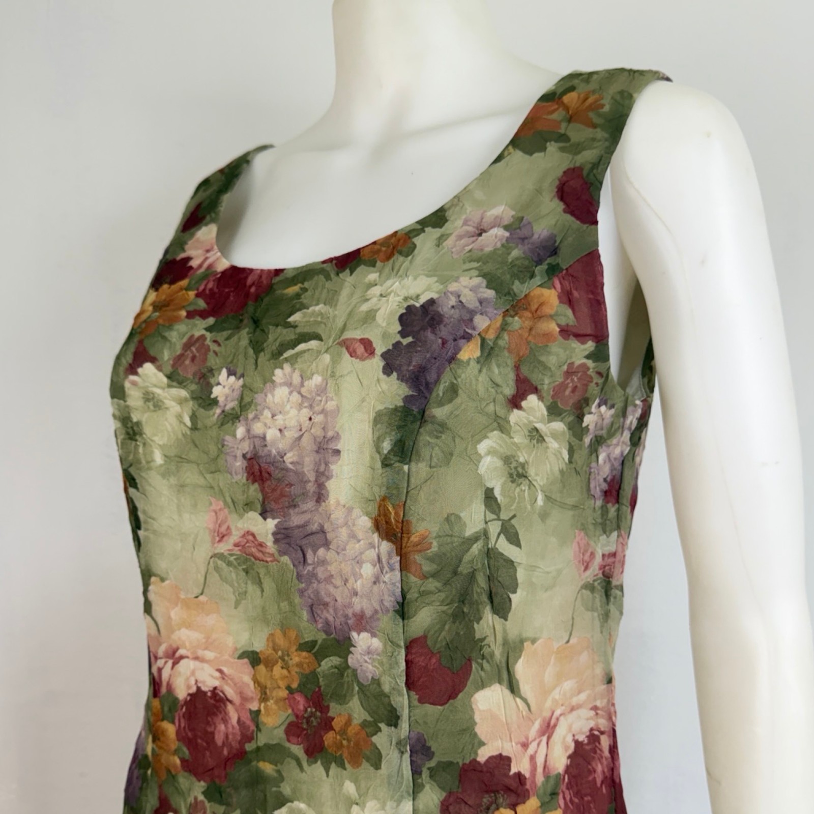 Vintage Floral Print Maxi Dress Size Small Sleeveless Crinkled Botanical Garden