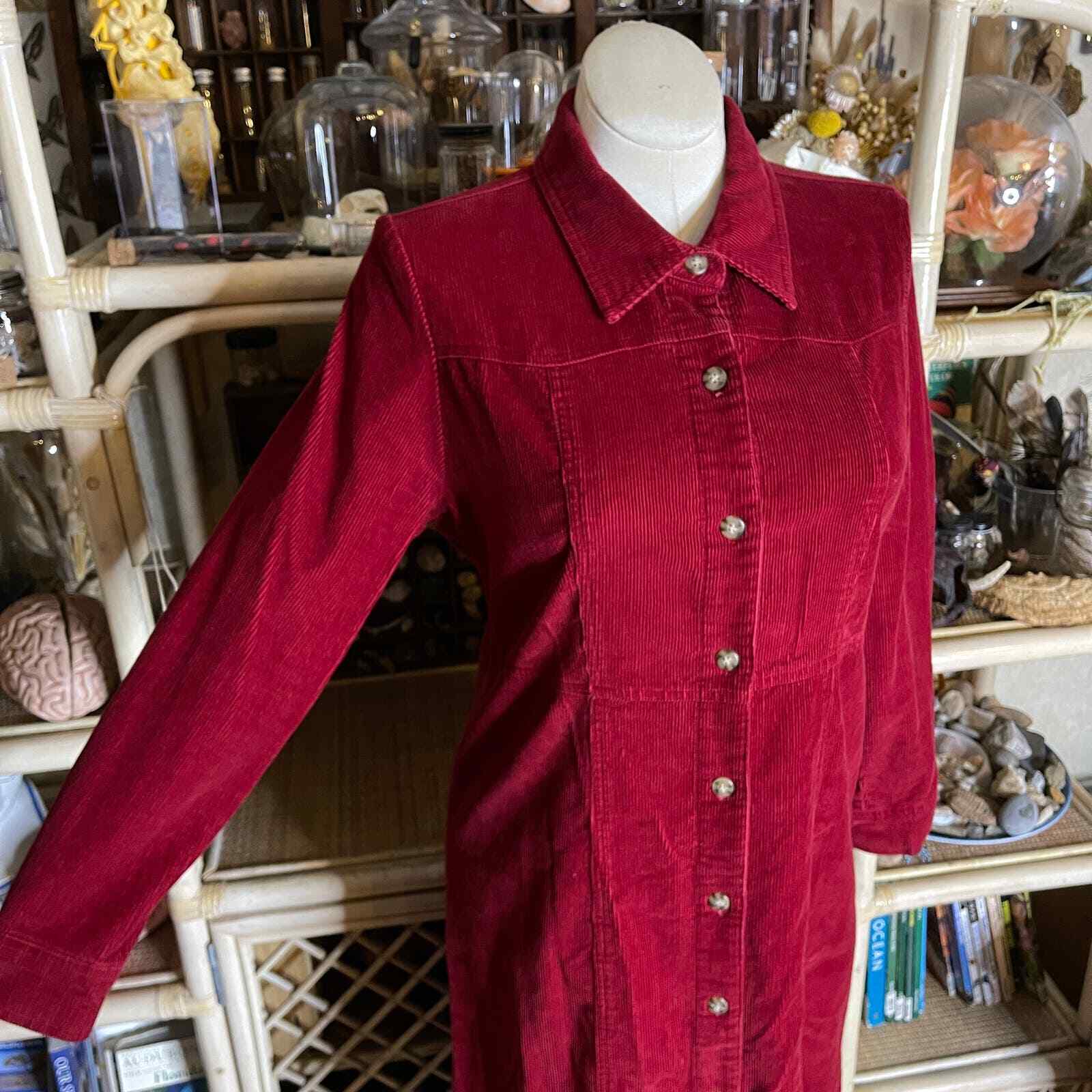 Vintage 90s Red Corduroy Dress Long Sleeves Button Front Midi Chelsea Studio 14P