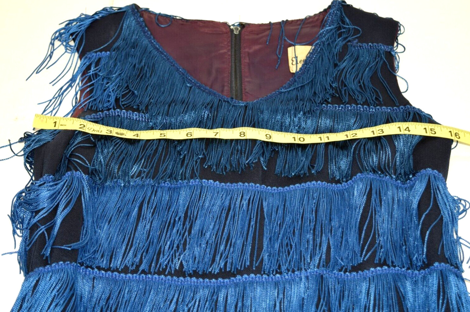 Vintage Flapper Dress Elegant Miss Size S/M 60s Silky Blue Tassels Ivory Ruffle