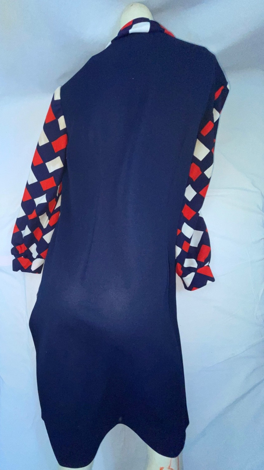 VTG 60S 70S WOMENS M BLUE RED WHITE DISCO MOD RETRO GOGO LONG SLEEVE SCARF DRESS