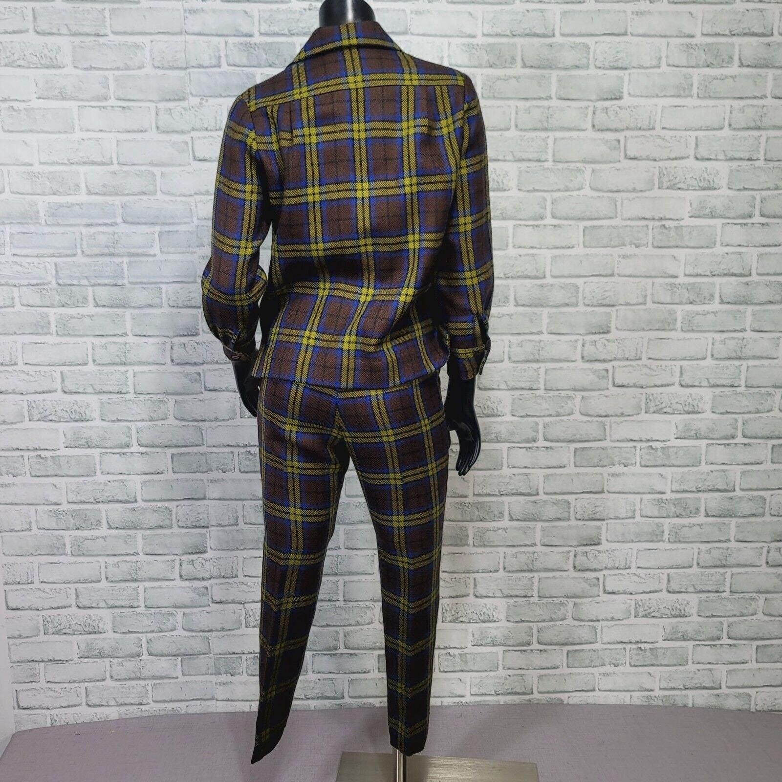 Vintage 60s Kajimatu Japan Wool Plaid Pantsuit Brown Blue Yellow Tartan Mod Set