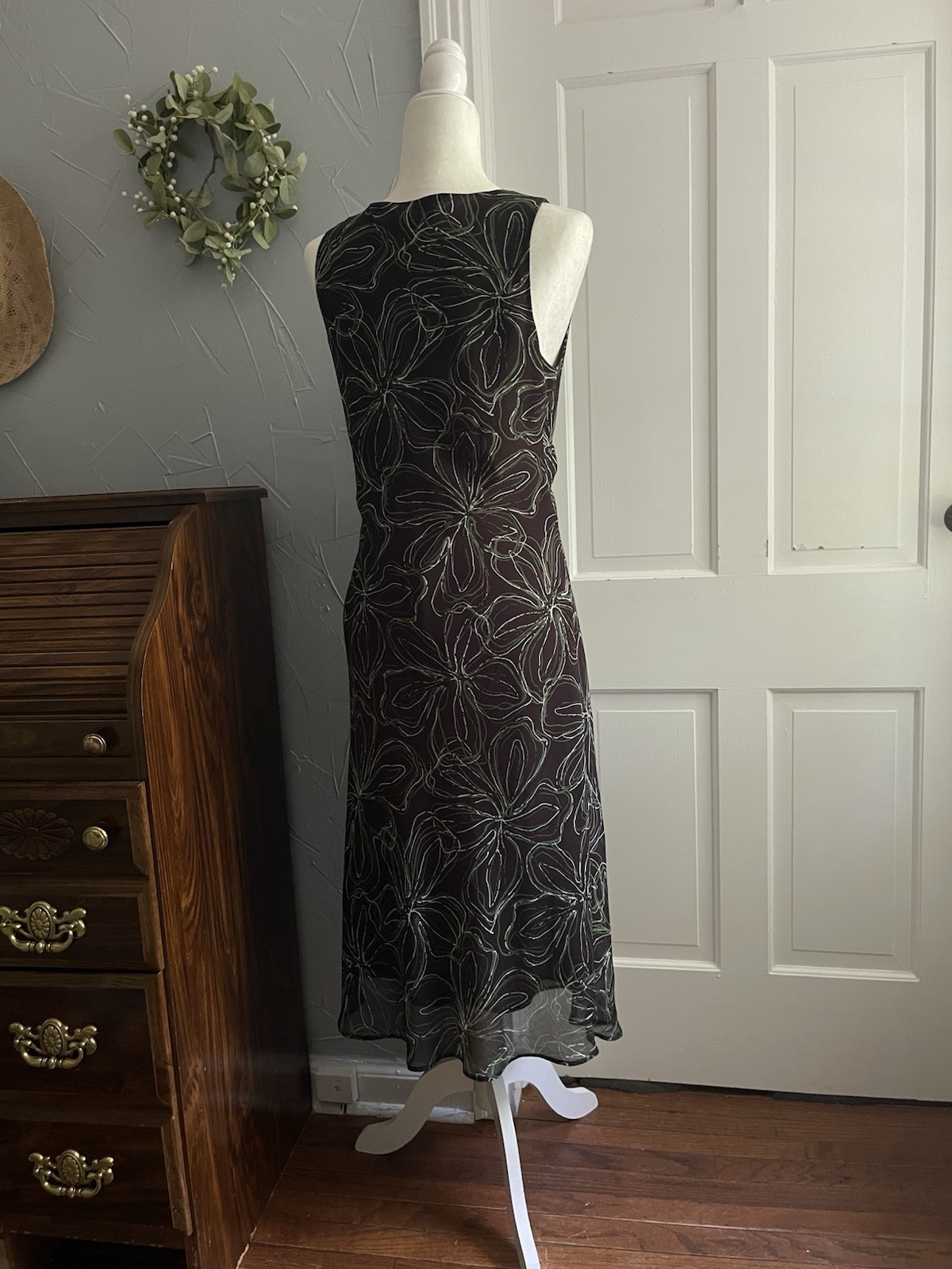 Vintage 90s/Y2k Midi Dress – Size 10 – Black And Green Floral Whimsy Dress