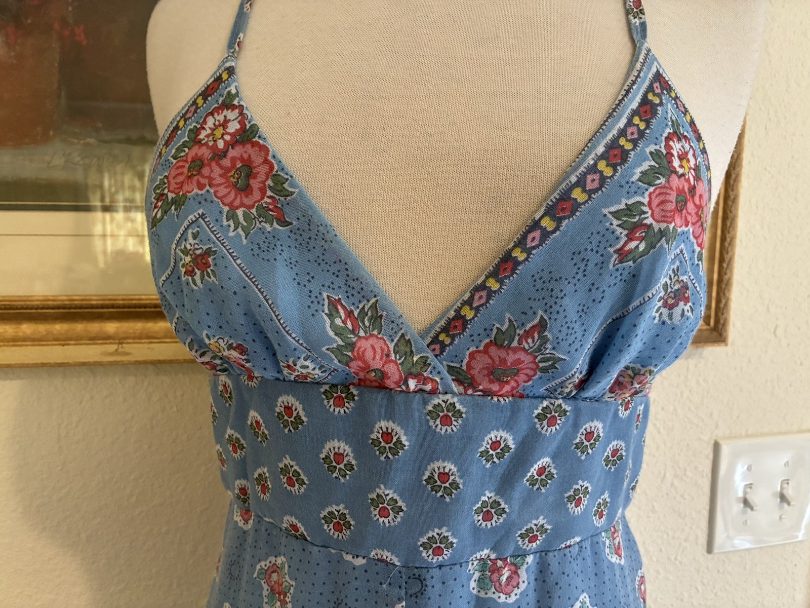 Vtg 70s Young Edwardian Blue With Tiny Pink Flowers Print Halter Top Maxi Dress