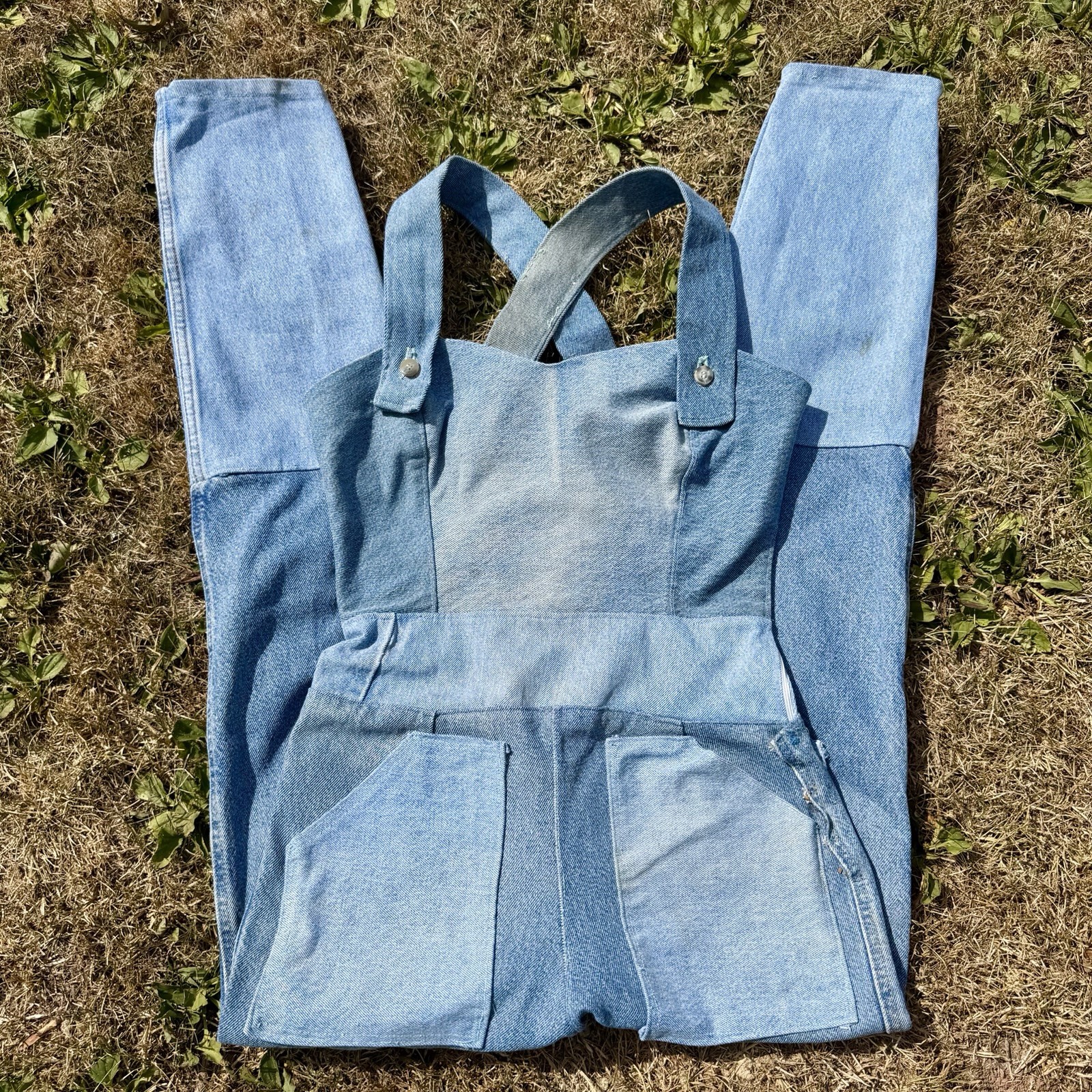 Vintage DENIM JUMPSUIT Patchwork 1980s 90s does 1940s Bib Overalls Distressed XS