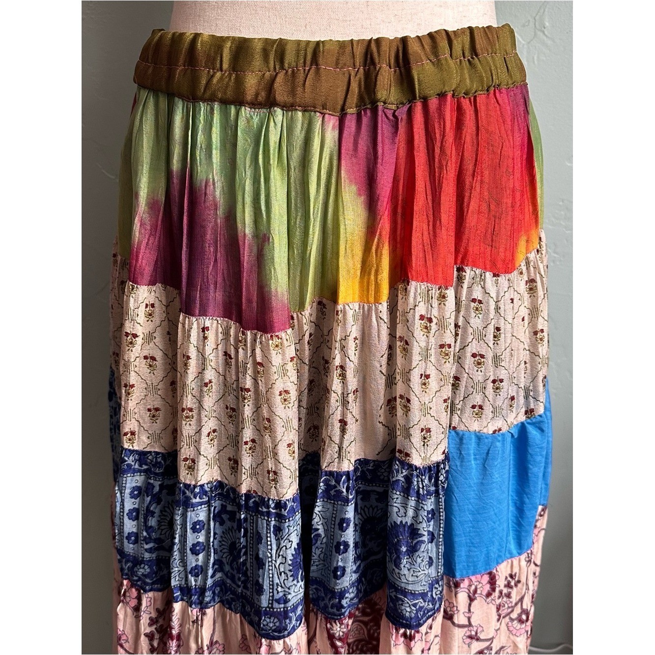 Vintage Silk Tangibles Patchwork Multi-Color Tiered Maxi Skirt M Boho Ren Fair