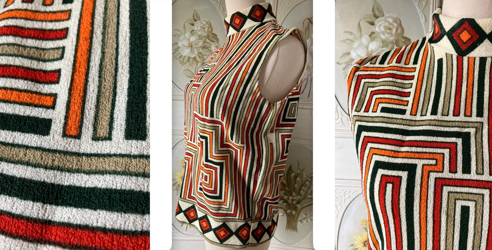 VTG 60s DEVON SCREEN PRINT GEOMETRIC ECRU RED GREEN ORANGE COLLARED SLEEVELESS