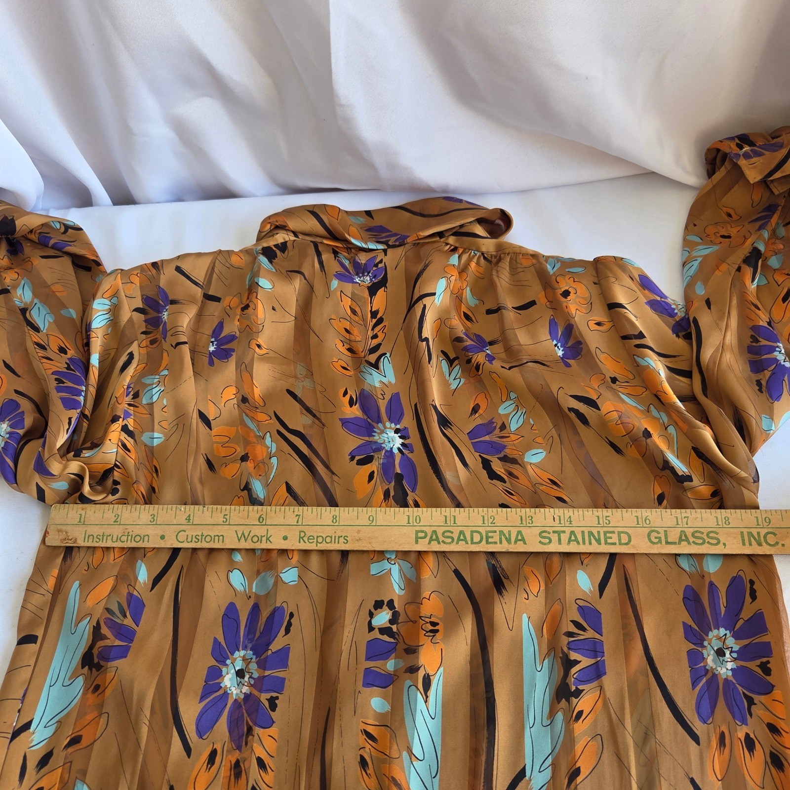 Vintage Nicola Floral Pussy Bow Blouse Brown Orange Purple Shoulder Pads Sz 10