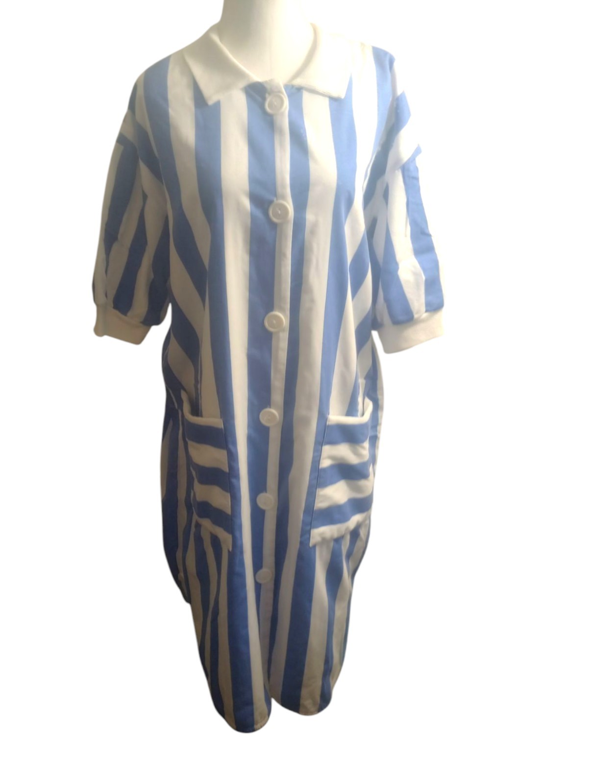 VTG Charm Button Robe Dress Terri Cloth Lining Pockets Beach Cover Stripes Blue
