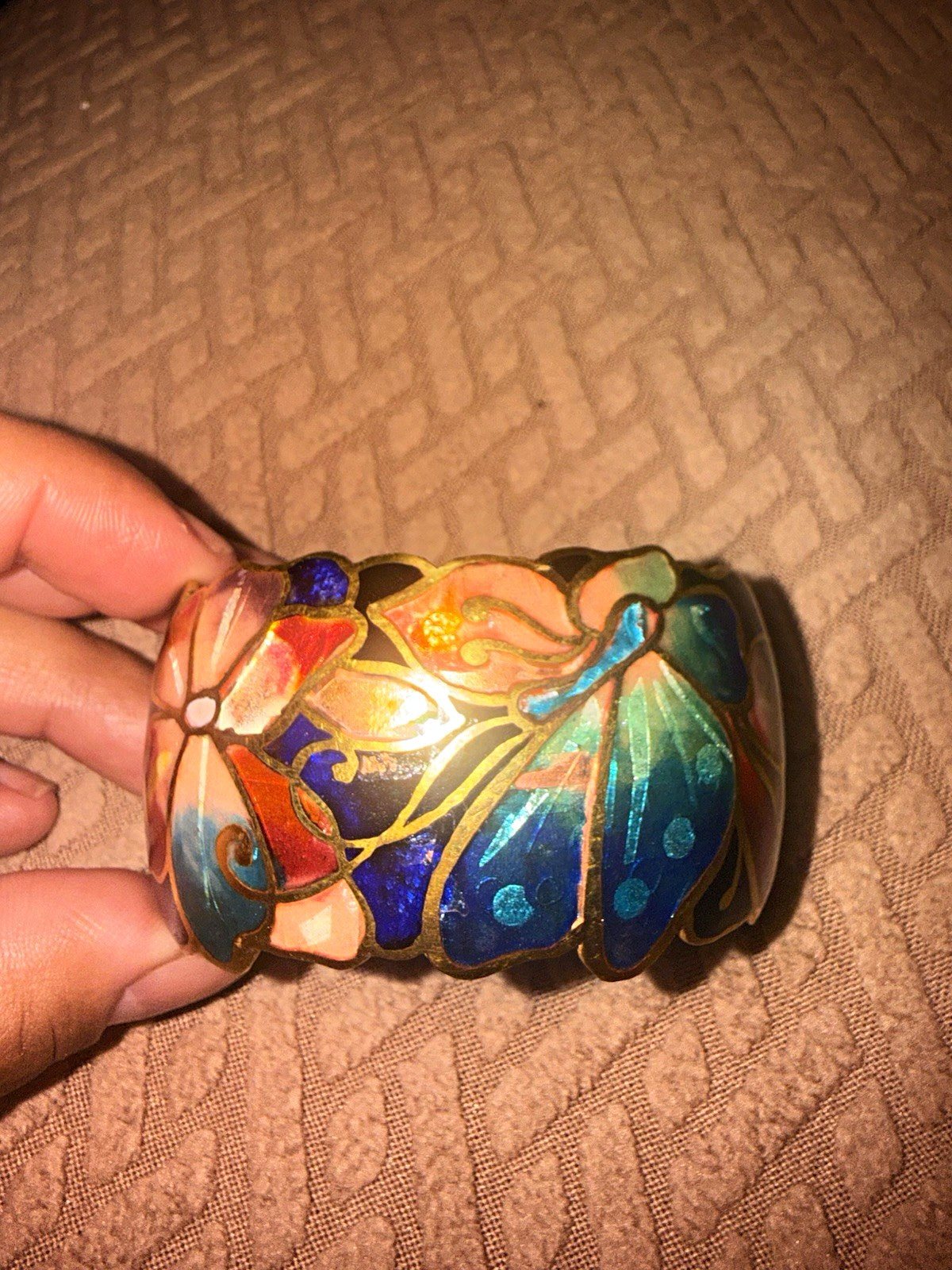 Champlin Signed Multicolor Enamel Floral Cuff Bracelet No Stone, Flowers Theme