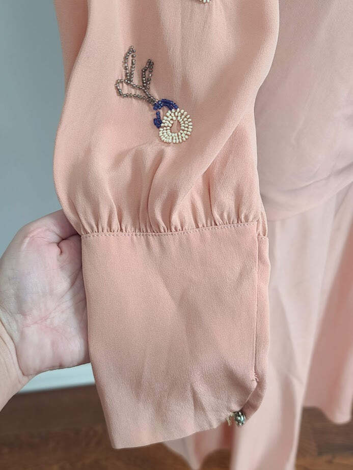 Vintage 1940s Pink Dress Beading on Sleeves Interesting Construction Adjustable