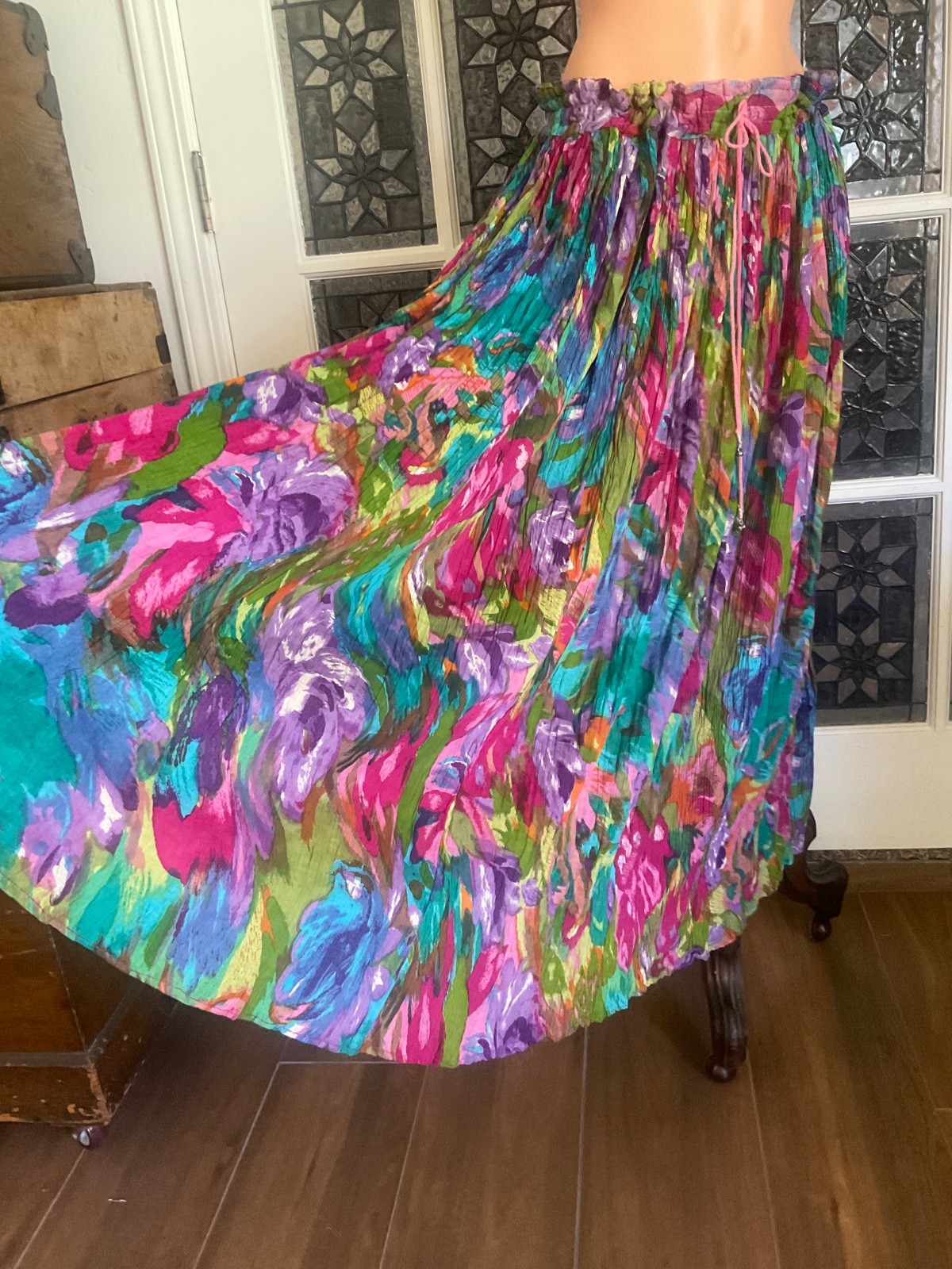 VTG Maxi Skirt Cotton Gauze Thin Drawstring Waist Semi-sheer Fairy Boho