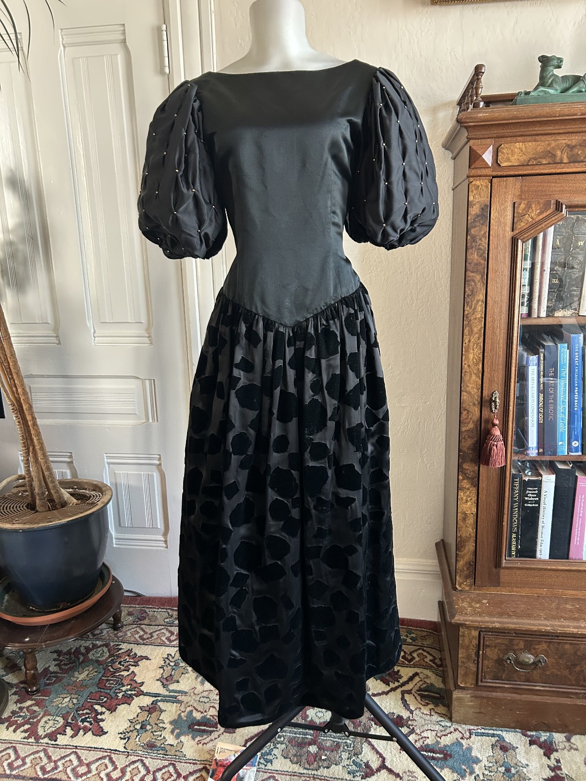 Vintage 80s Richilene Neiman Dress Black Satin Velvet Gothic Basque Waist sz M