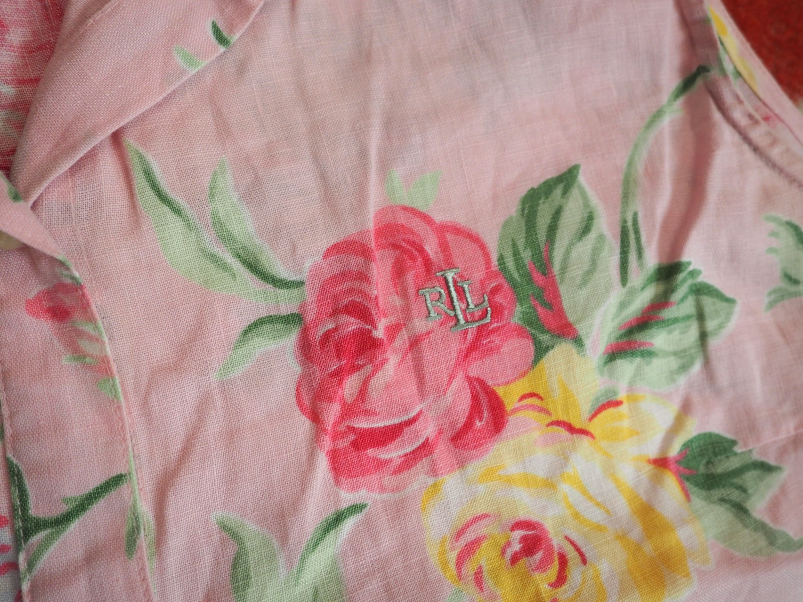 VTG Y2k 2000s Lauren Ralph LRL Linen Floral Summer Boho Tie Button Shirt Women L