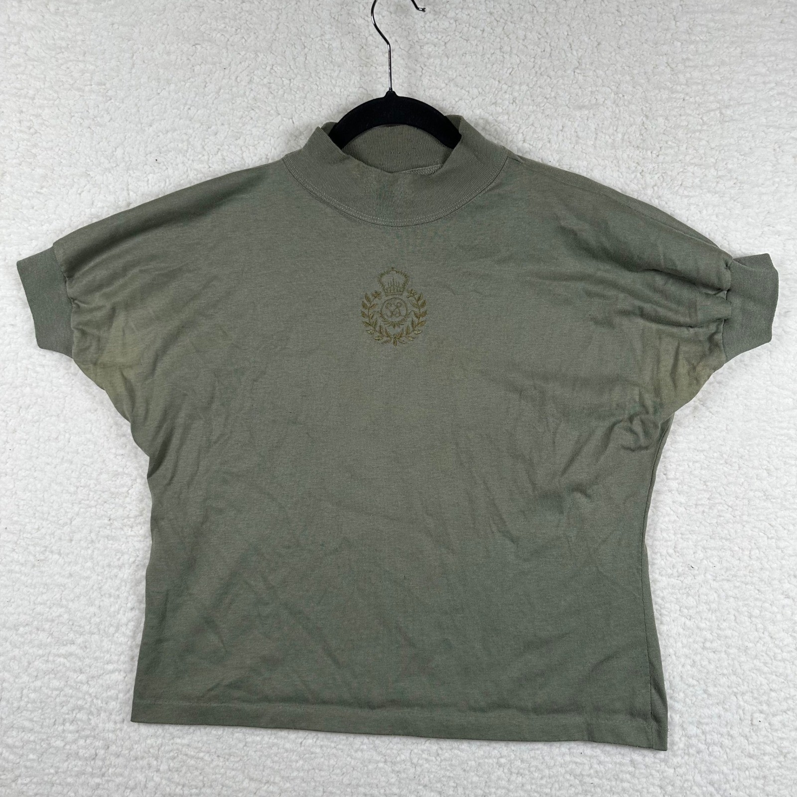 Vintage 90s Sky Lite Mock Neck Dolman Sleeve Crest Top Olive Green Womens L USA