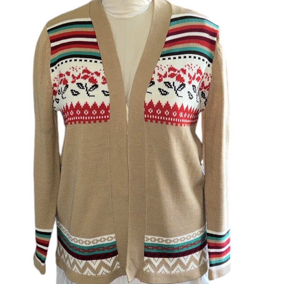 Vintage 1970’s K Mart Tan 100% Acrylic Norwegian Cardigan Made In Taiwan ROC L