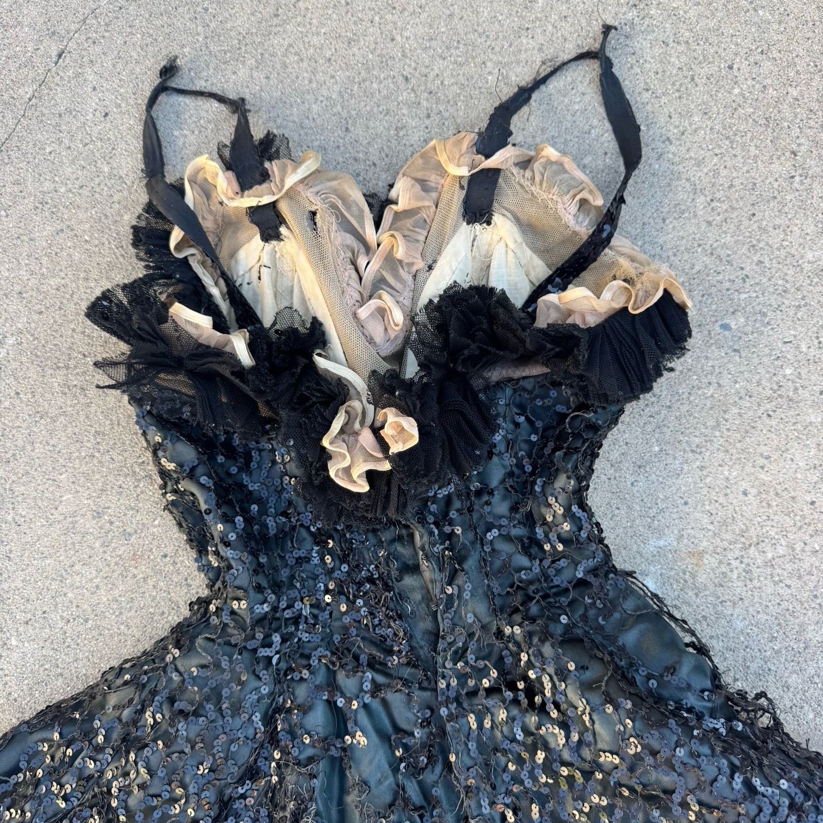 Vintage 1930s Sequin, Satin & Ruffle Paramount Showgirl Dress Burlesque Corset