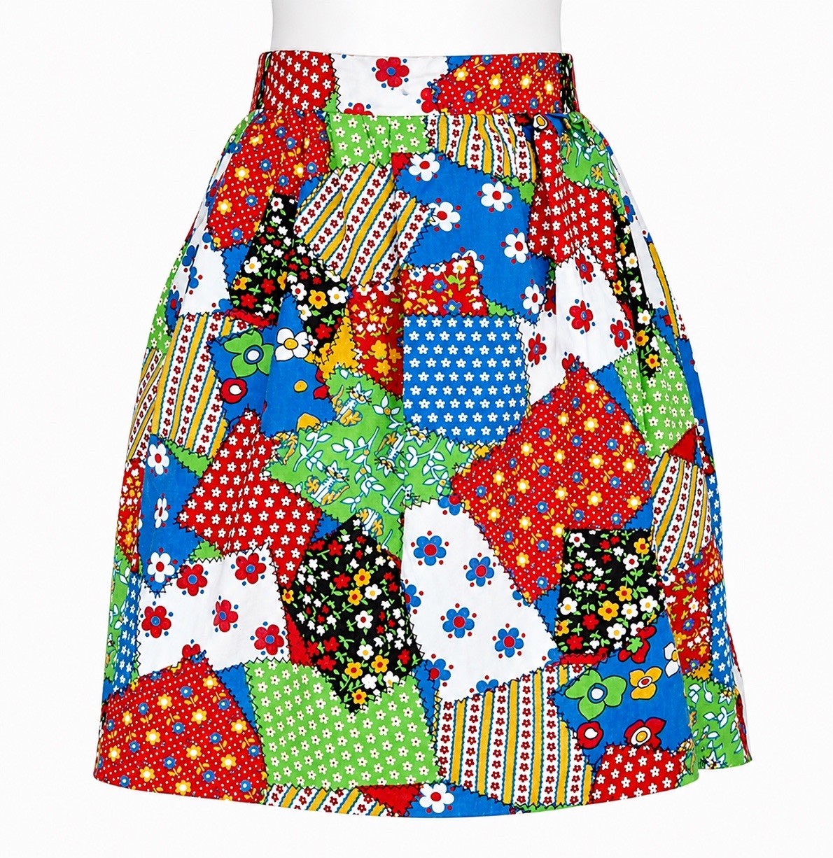 American Vintage 70s Multicolor Patchwork Cat Floral Pleated A-Line Skirt