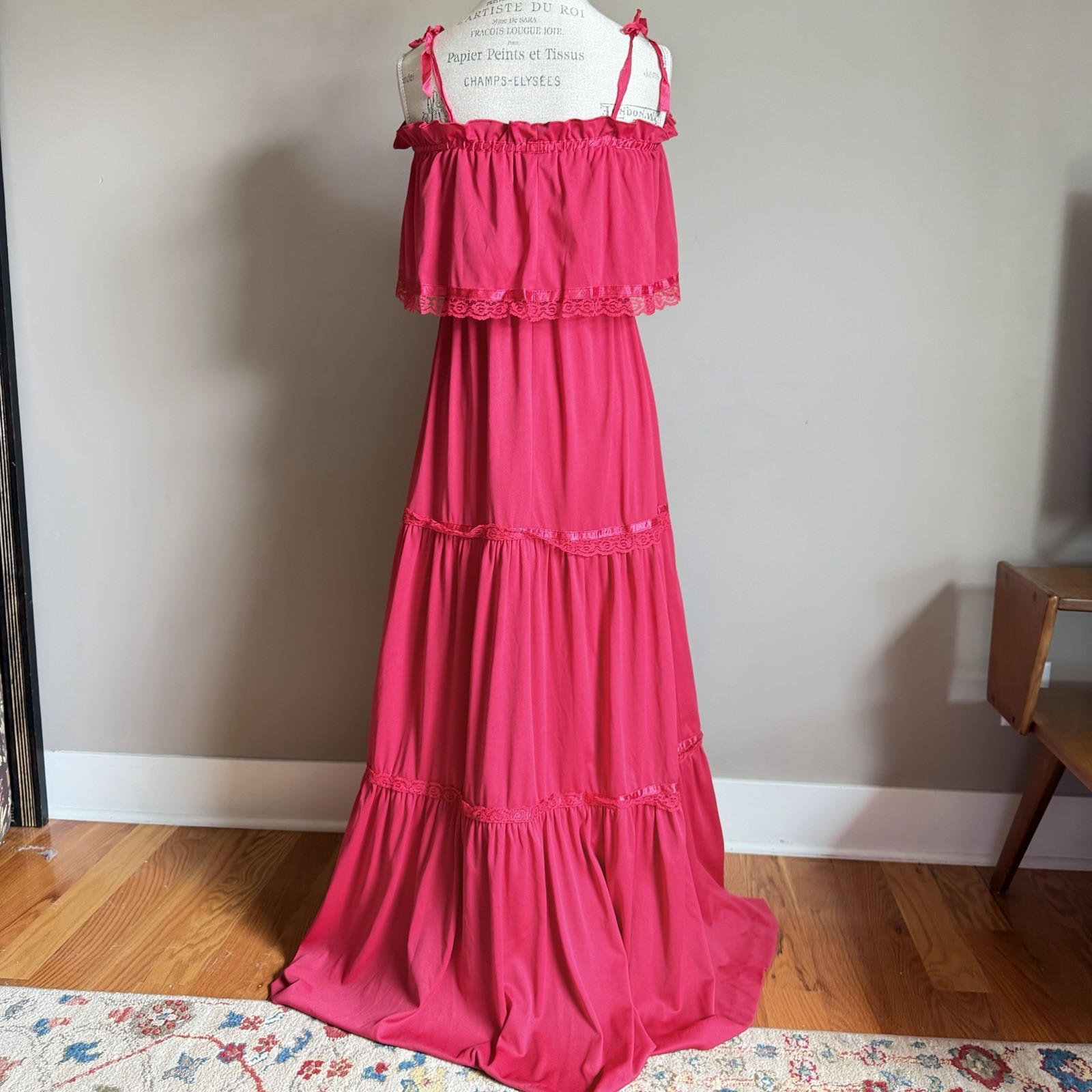 Vintage 70s Fuchsia Tiered Ruffled Cold Shoulder Maxi Dress Small Romantic Boho