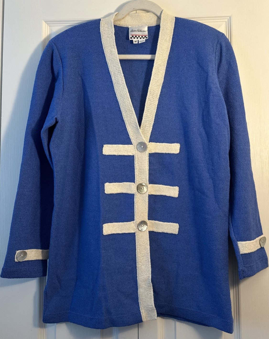 ANNE PEDERSEN VTG 80s Women’s M Blue Cardigan w/Tan Trim MOP Buttons