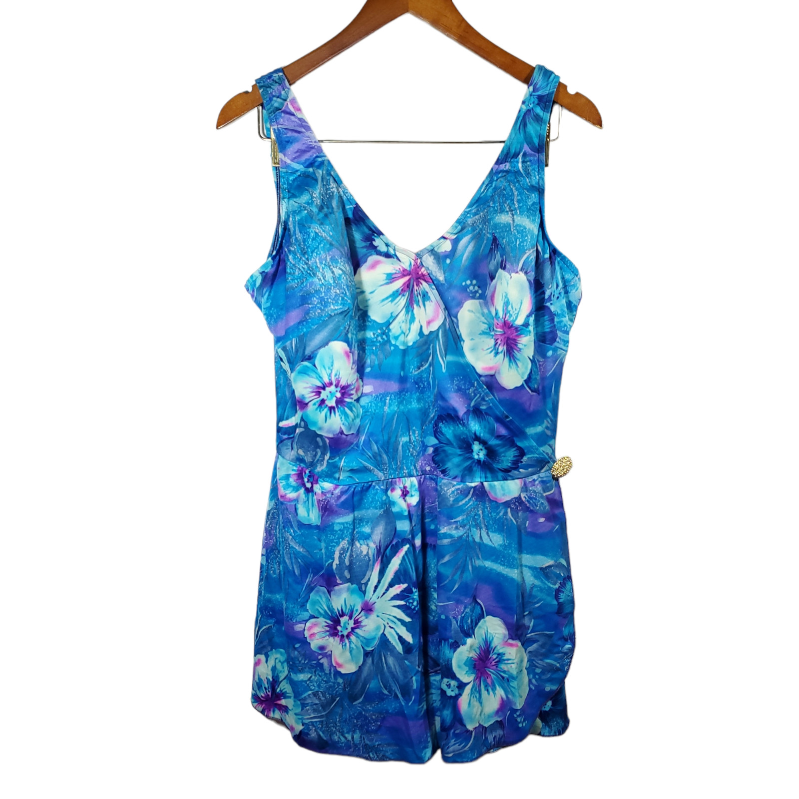 VTG 70s Robby Len Monokini Skirted Swimsuit Womens 24W Blue Floral Union-Made