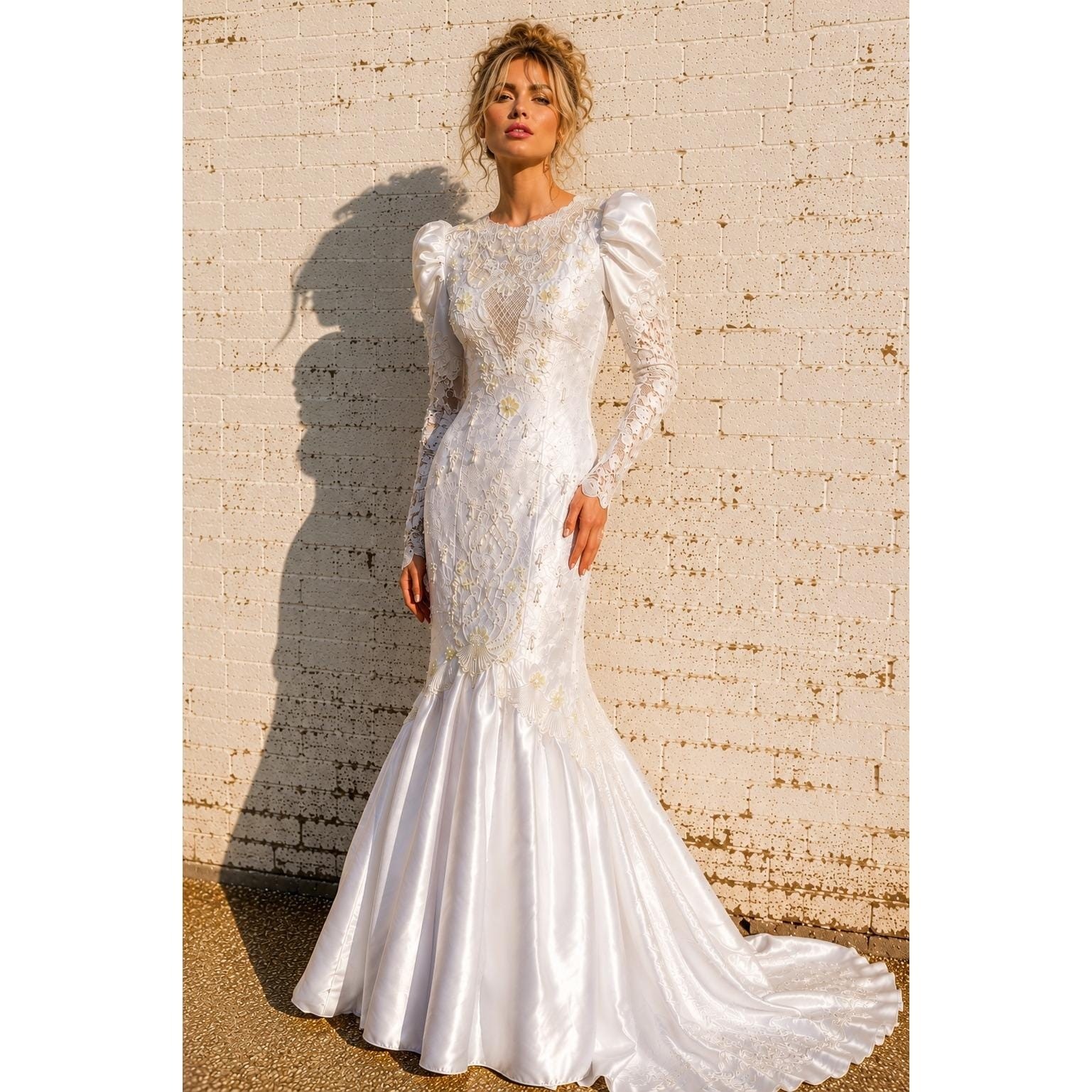 Vintage Bonny Fashion Beaded Mermaid Wedding Gown Puff Sleeve Train Size 10