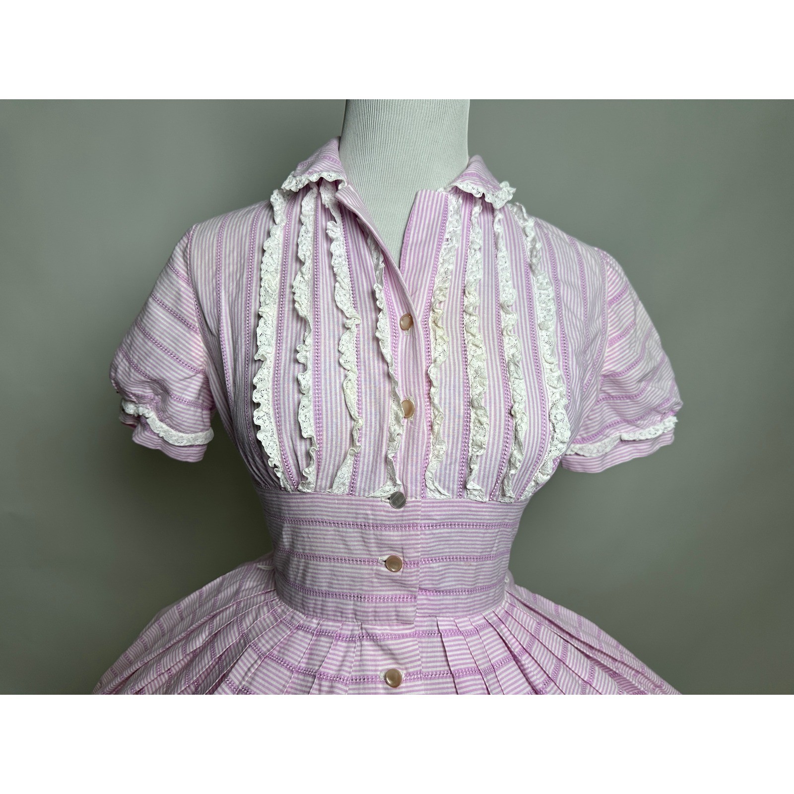 Cute Vintage 1950s Pixie of California Purple Candy Stripe Lace Ruffle Dress