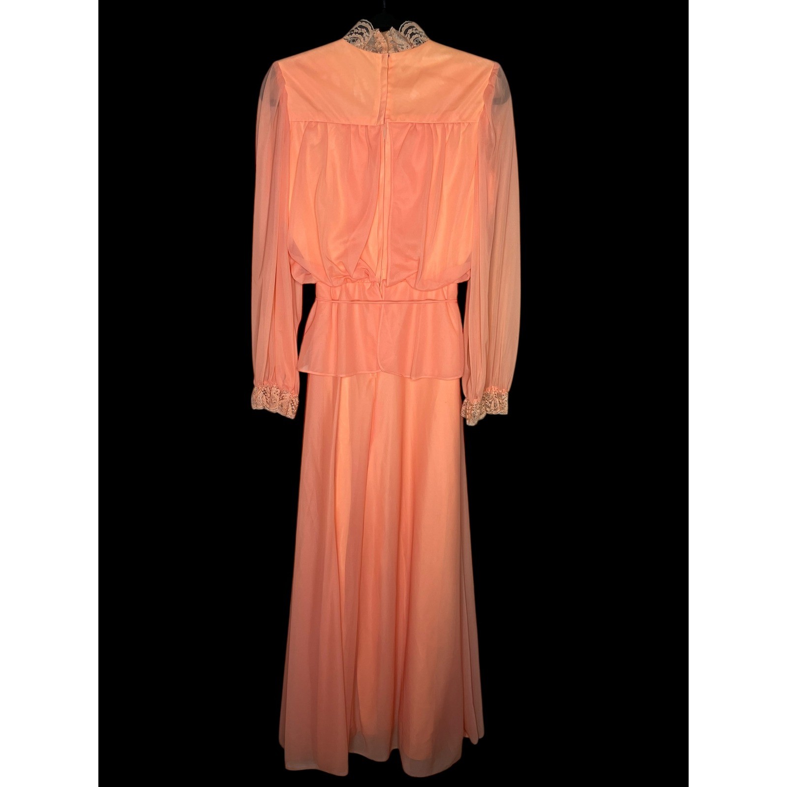 Vintage 70s Peachy Orange Lace Victorian Inspired Maxi Dress Sheer Long Sleeve