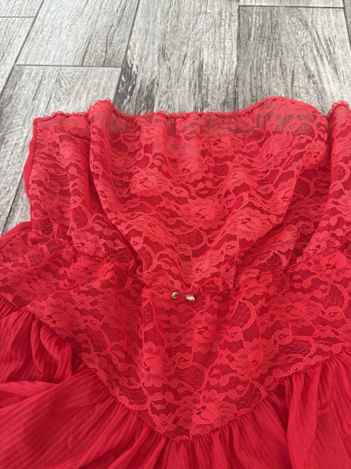 Vtg Strapless Sheer Red Lace Nylon Romper Negligee Lingerie Pleated Skirt XL