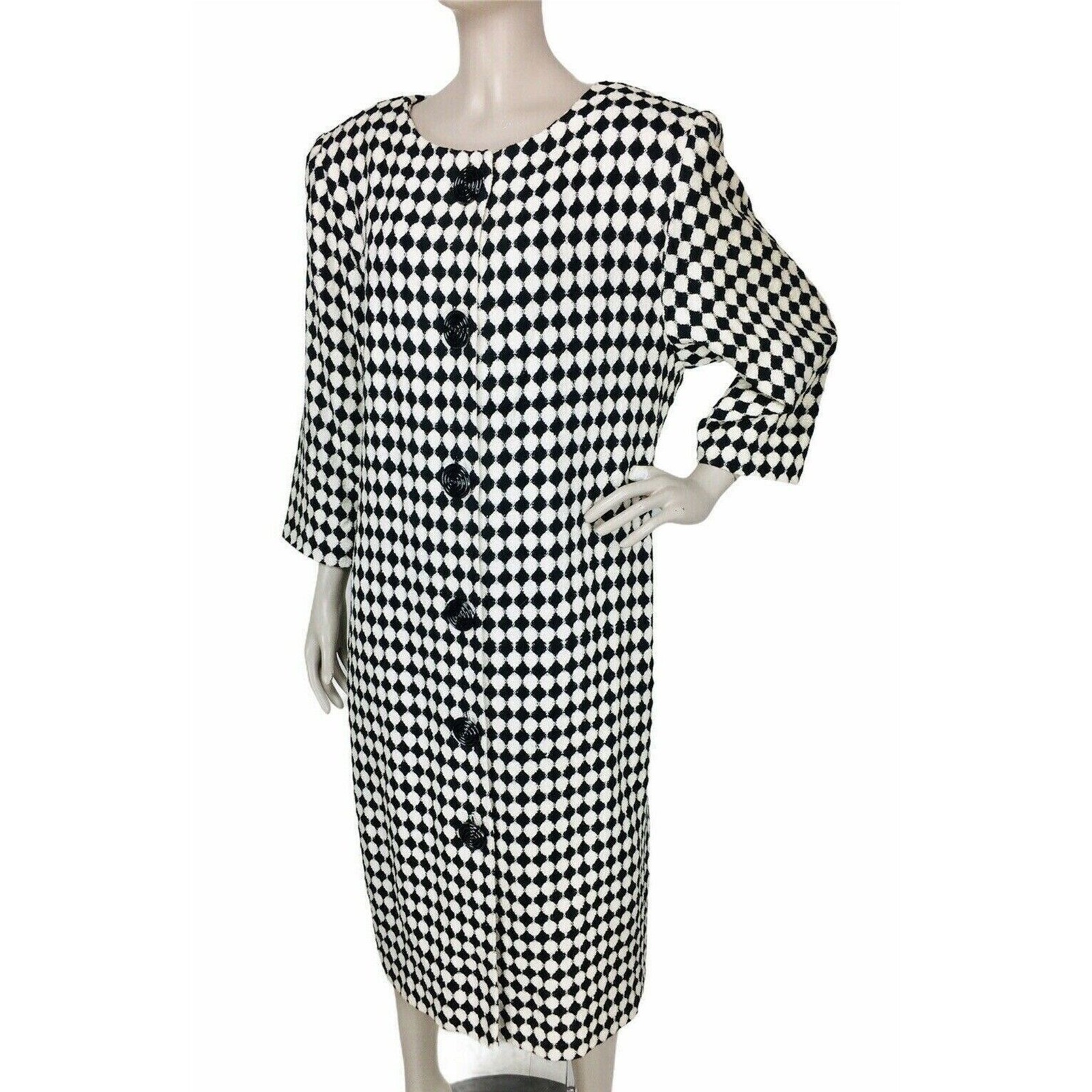 Vintage 80s Jackie Bernard MOD Monochrome Dress Coat Women’s Size M/L